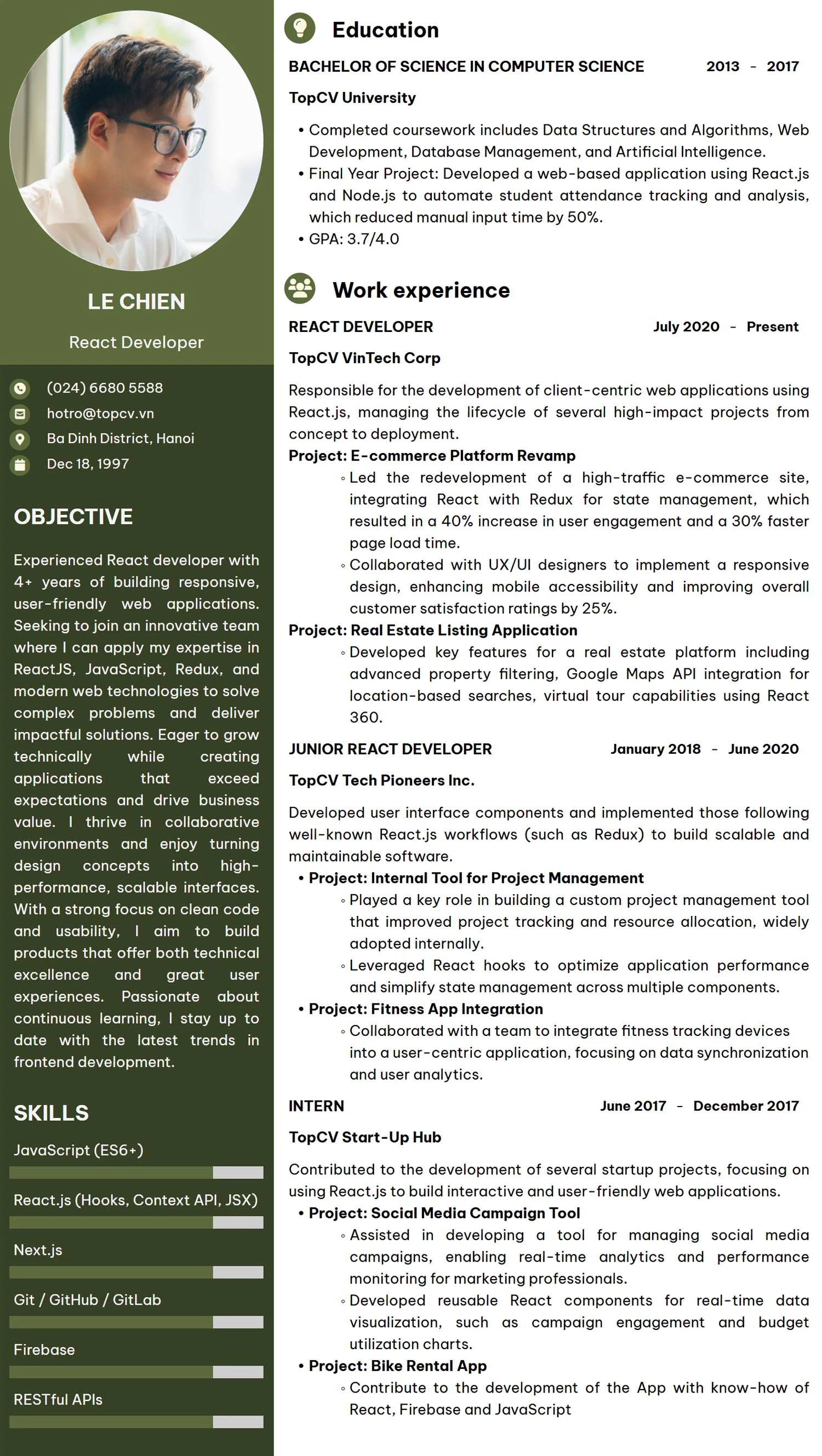 Mẫu CV lập trình viên React Developer bằng tiếng Anh