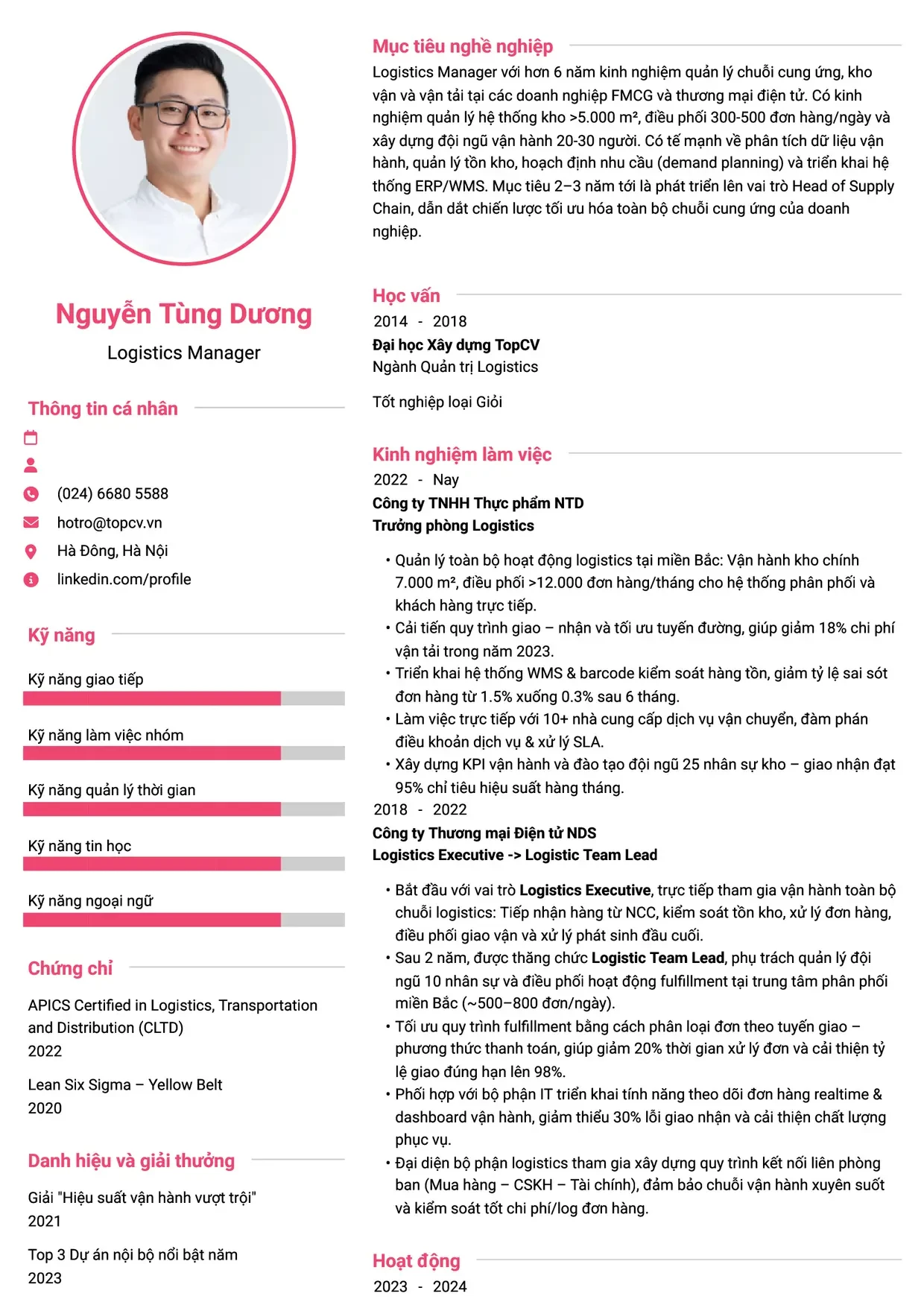 Mẫu CV Logistic Manager