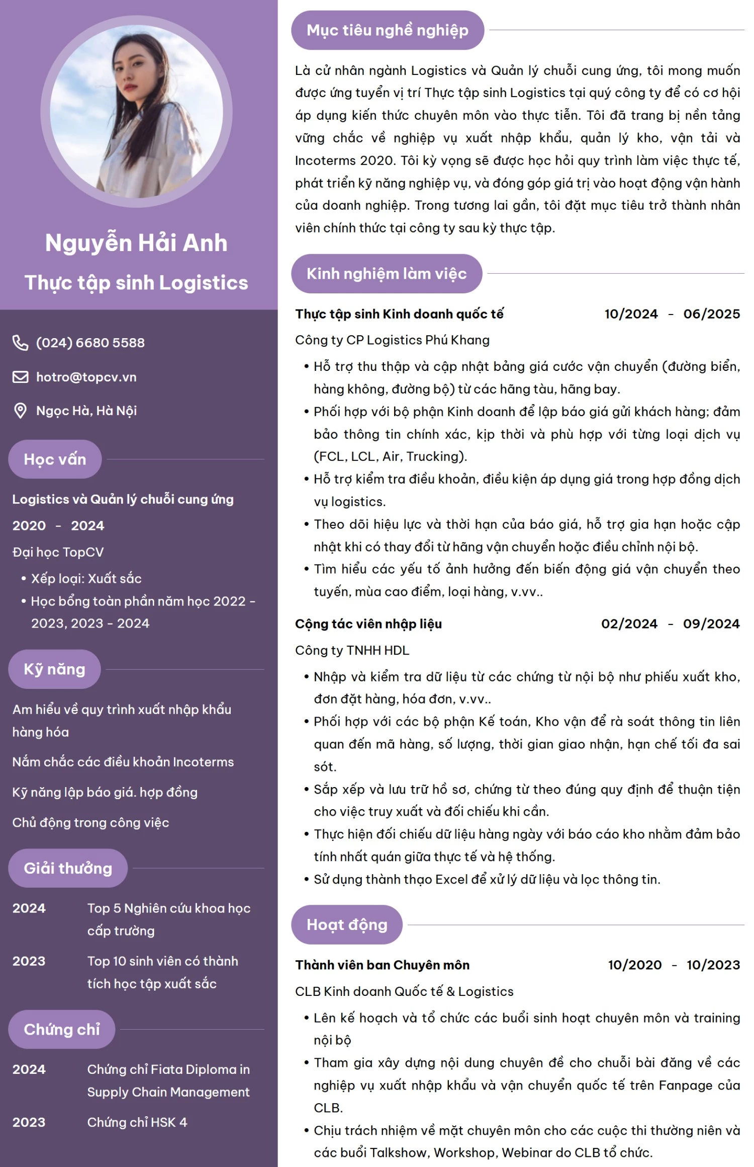 Mẫu CV thực tập sinh Logistic