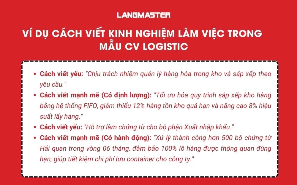Ví dụ minh họa cho cách viết kinh nghiệm làm việc trong CV Logistic