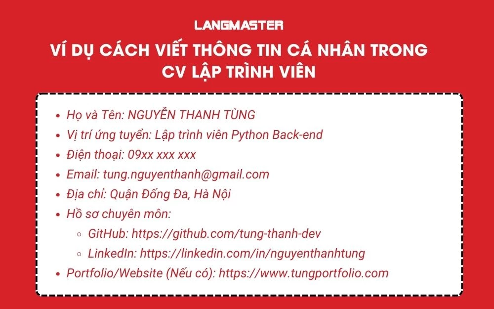 Ví dụ cách viết phần Thông tin cá nhân trong CV lập trình viên