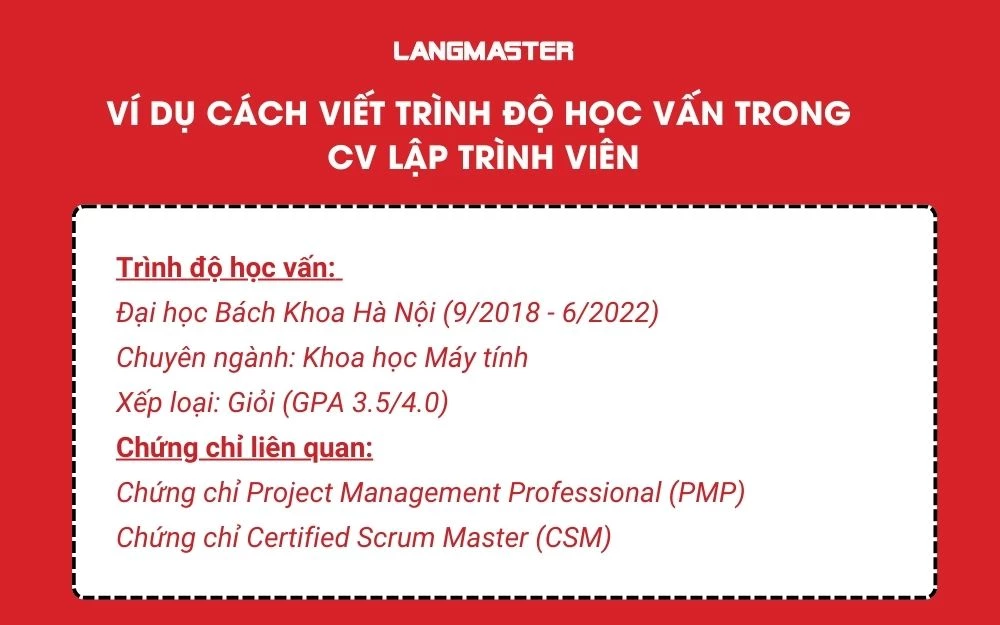 Ví dụ cách viết trình độ học vấn trong CV lập trình viên