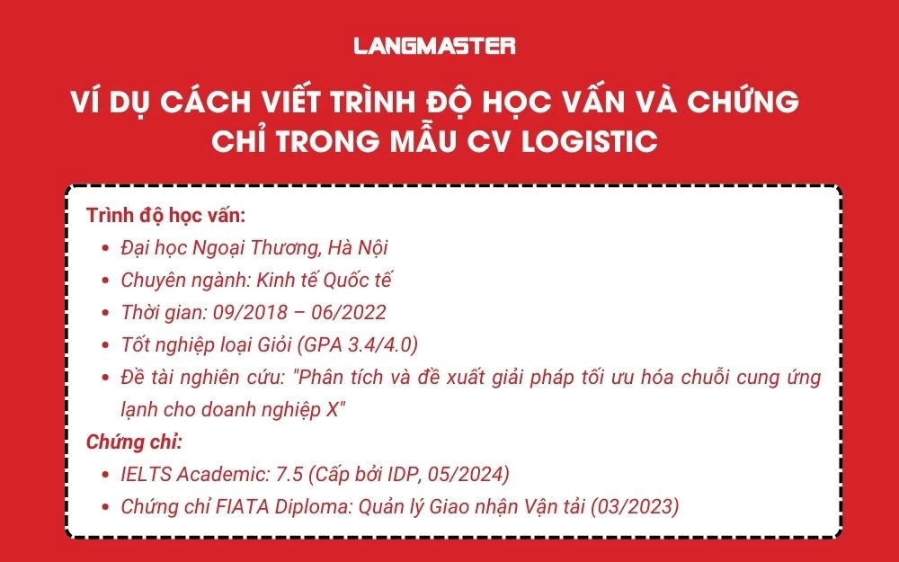 Ví dụ cách viết Trình độ học vấn và chứng chỉ trong CV Logistic