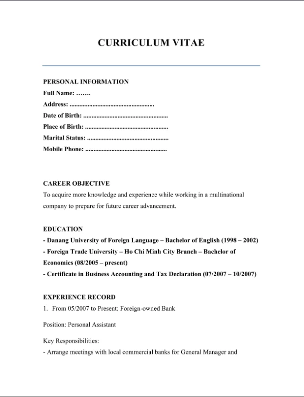 Mẫu sơ yếu lý lịch tiếng Anh