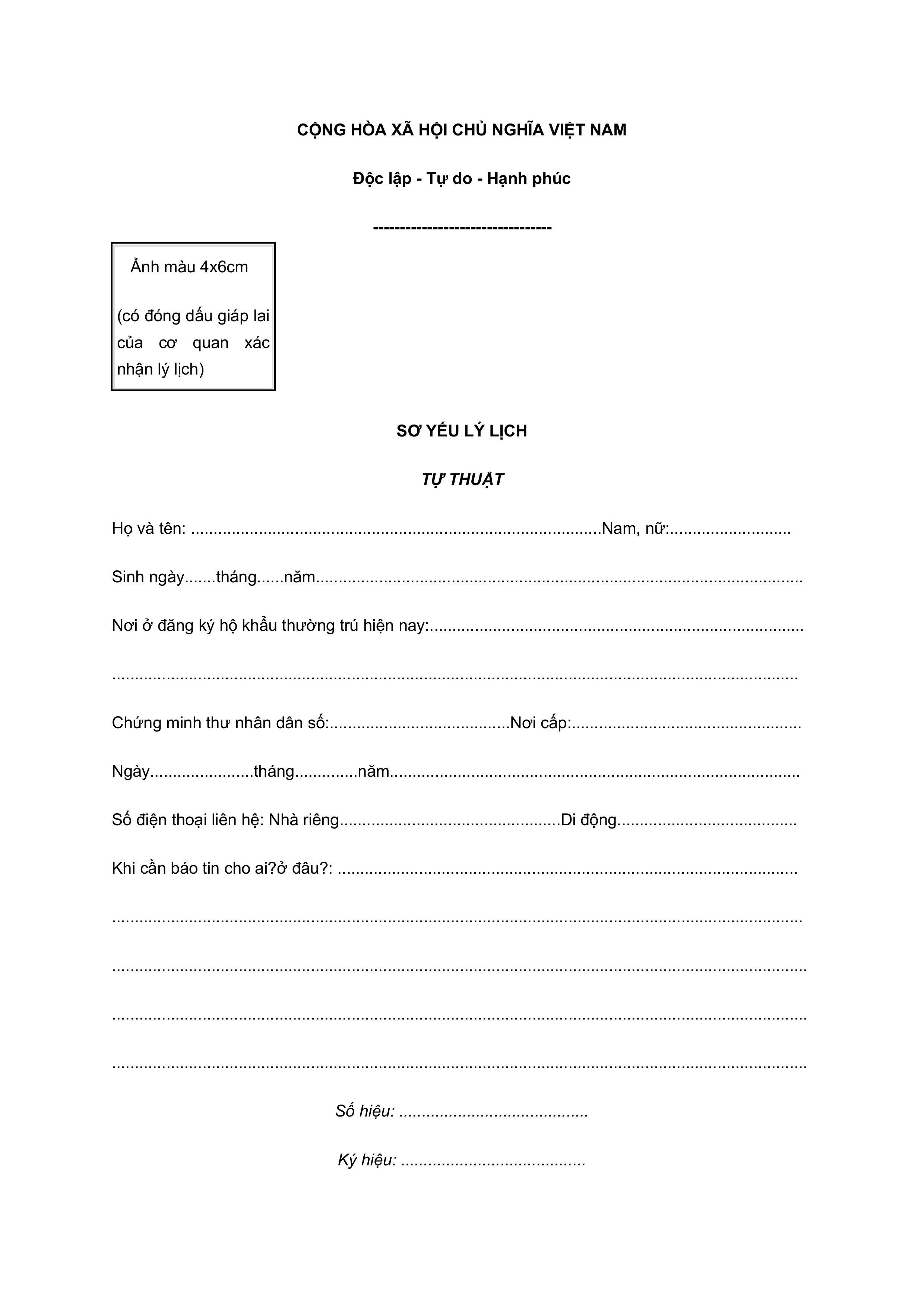 Mẫu sơ yếu lý lịch tự thuật