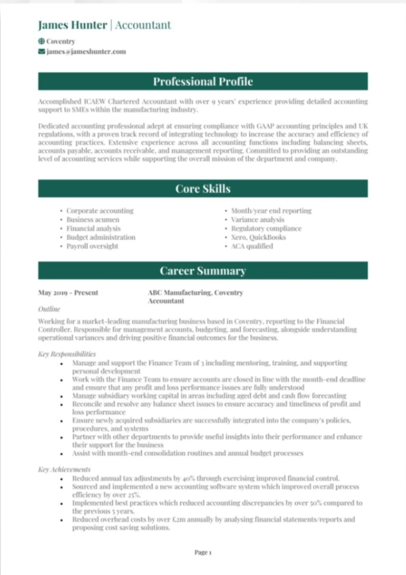 CV kế toán trưởng tối giản, thiết kế hiện đại và dễ đọc