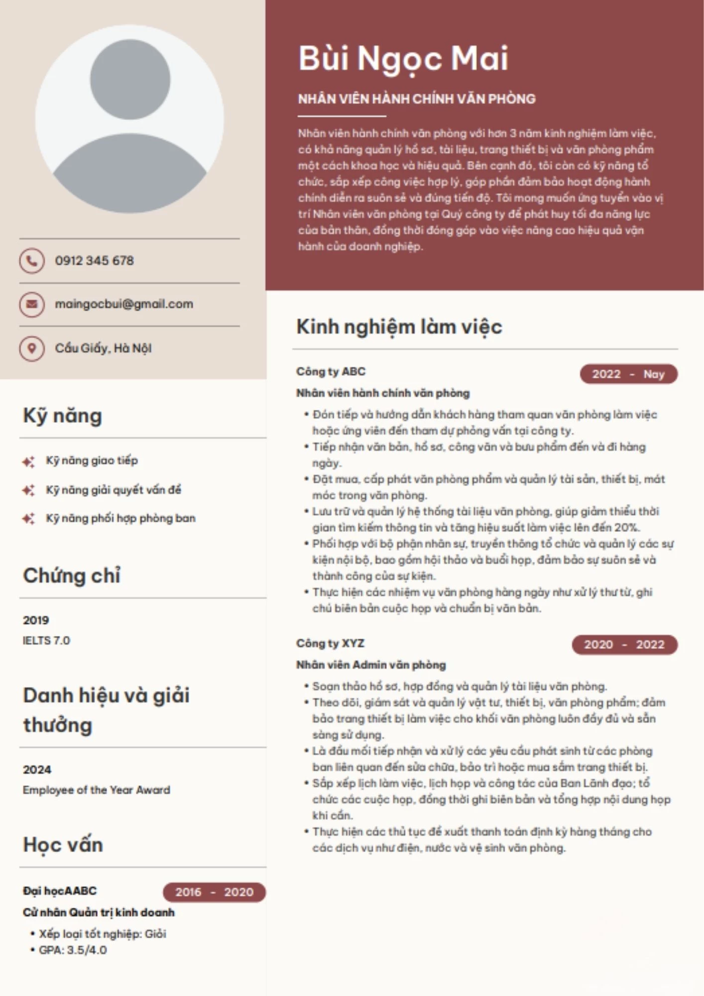CV Nhân viên văn phòng chuyên nghiệp, dễ đọc và ấn tượng