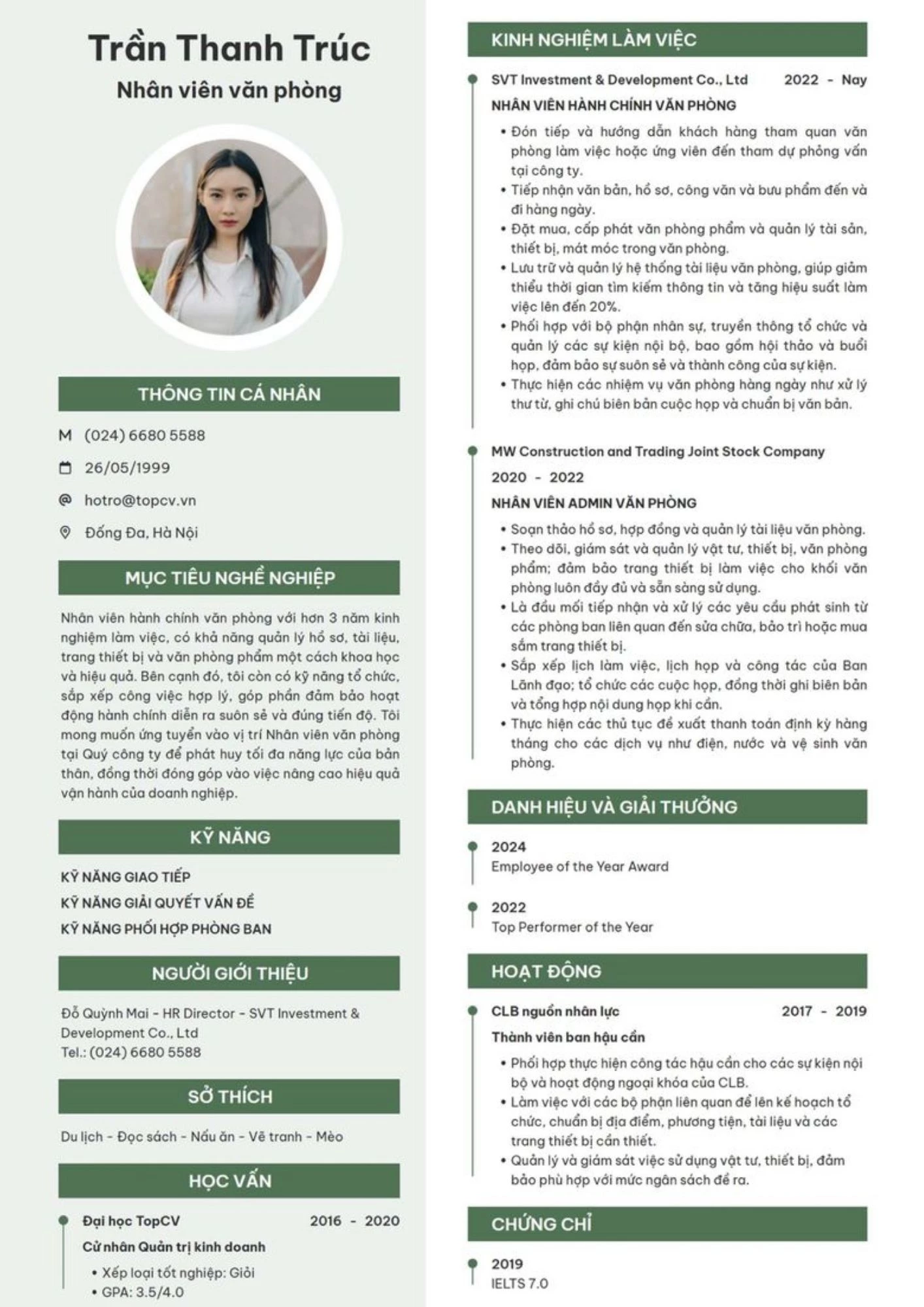 Mẫu CV nhân viên văn phòng chi tiết, thu hút HR