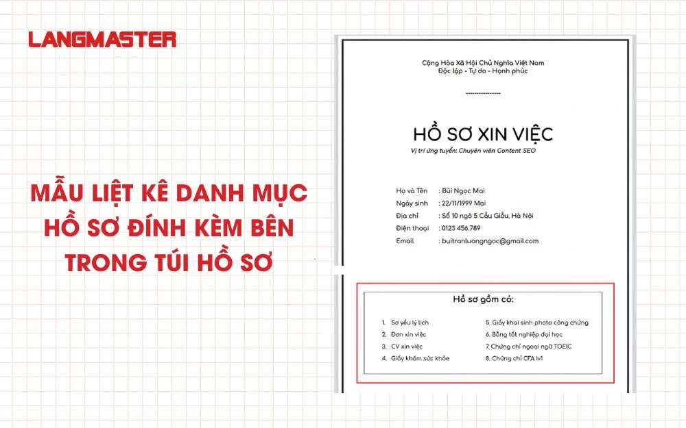 Mẫu liệt kê danh mục hồ sơ đính kèm bên trong túi hồ sơ