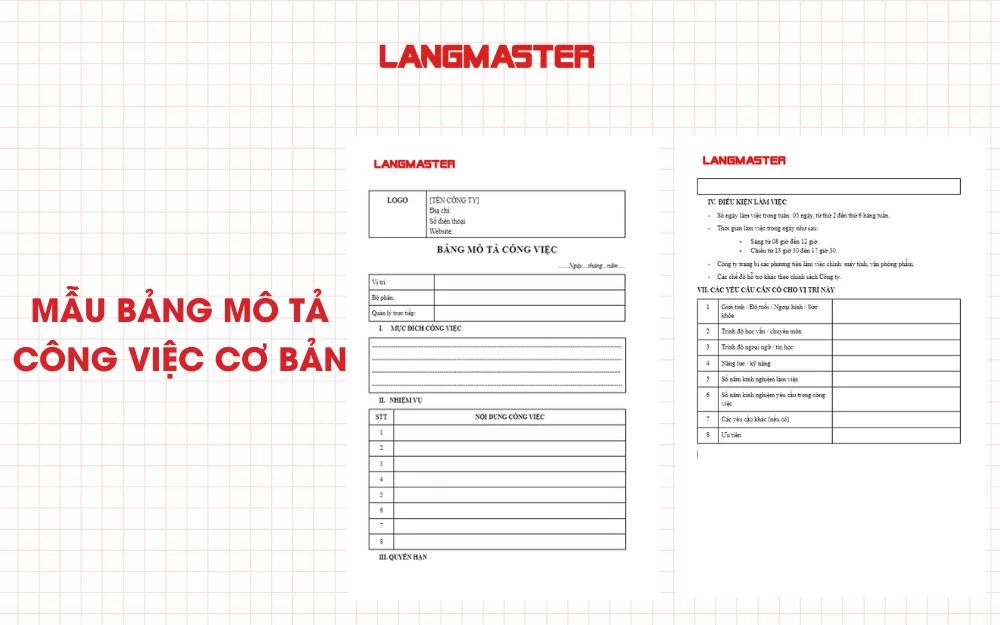 Mẫu bảng mô tả công việc cơ bản