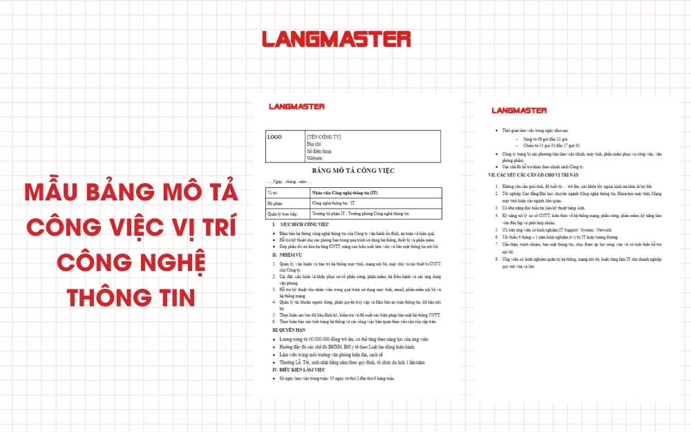 Mẫu bảng mô tả công việc vị trí Công nghệ thông tin