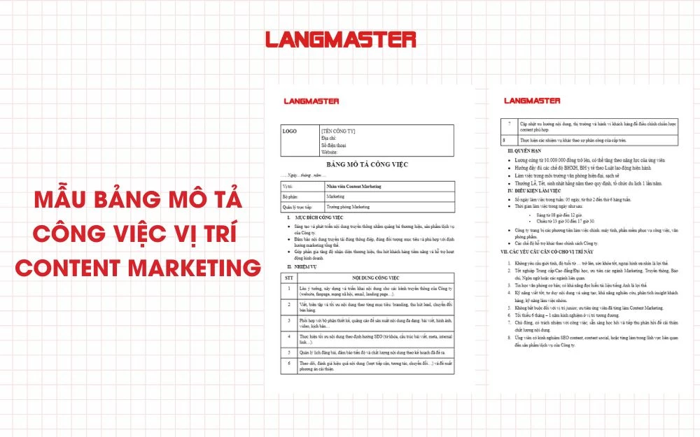 Mẫu bảng mô tả công việc vị trí Content Marketing