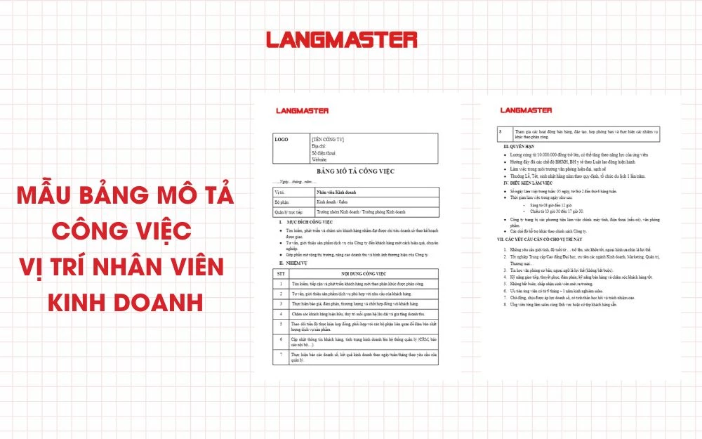 Mẫu bảng mô tả công việc vị trí nhân viên kinh doanh