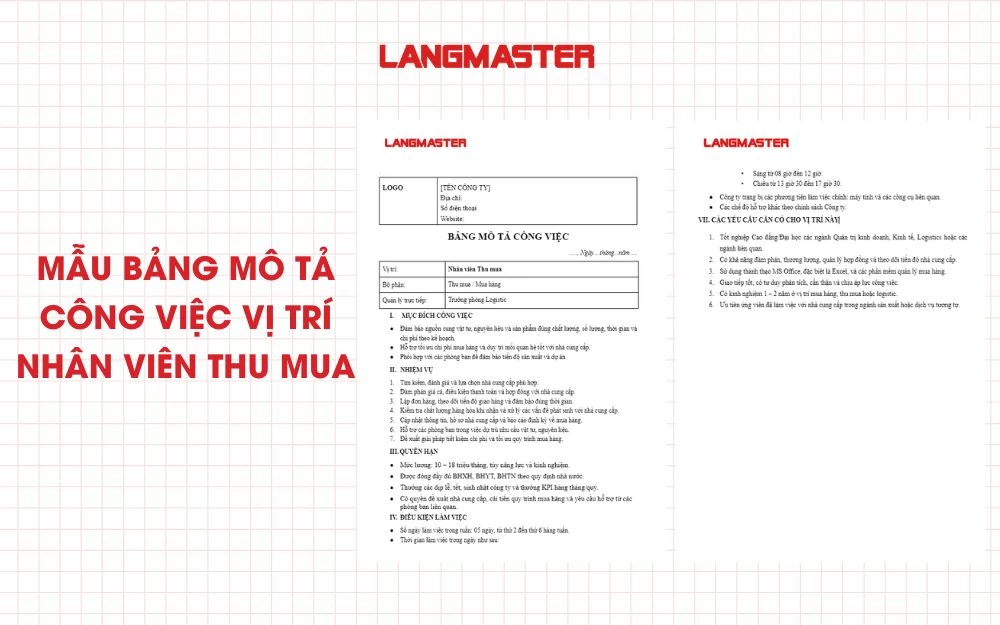 Mẫu bảng mô tả công việc vị trí Nhân viên Thu mua