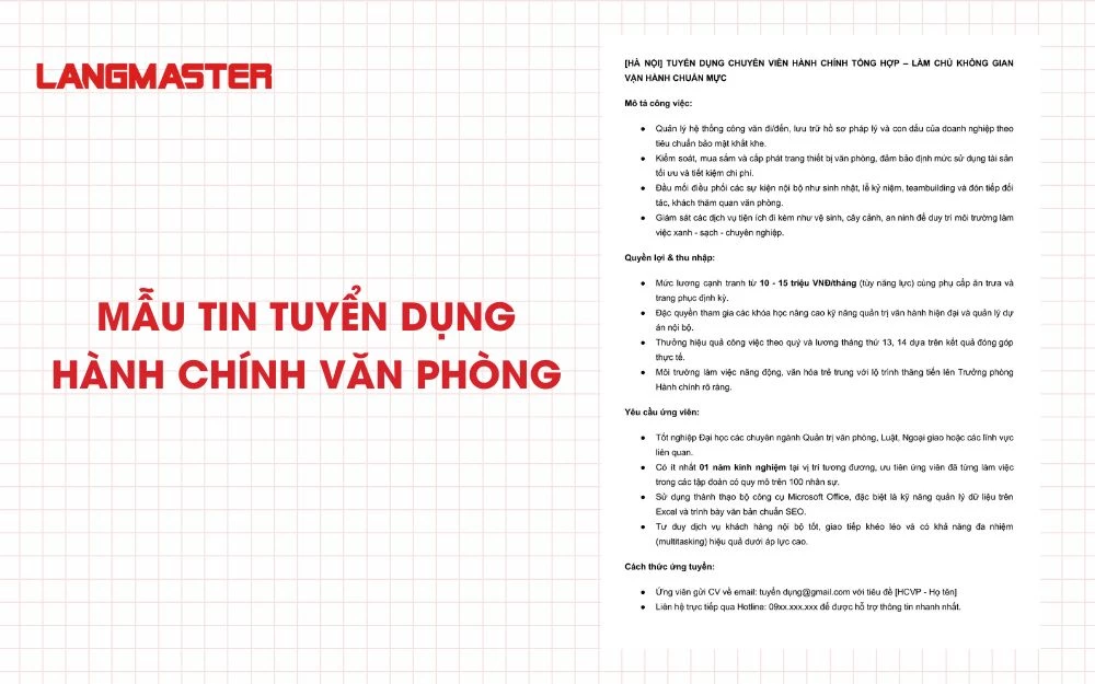 Mẫu tin tuyển dụng Hành chính Văn phòng