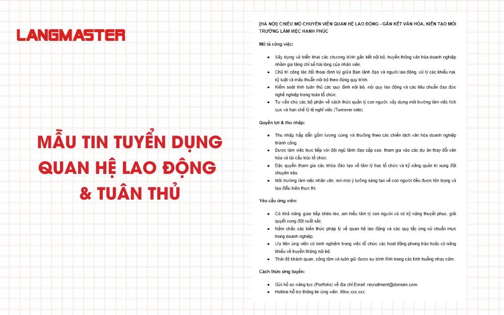 Mẫu tin tuyển dụng Quan hệ lao động & Tuân thủ