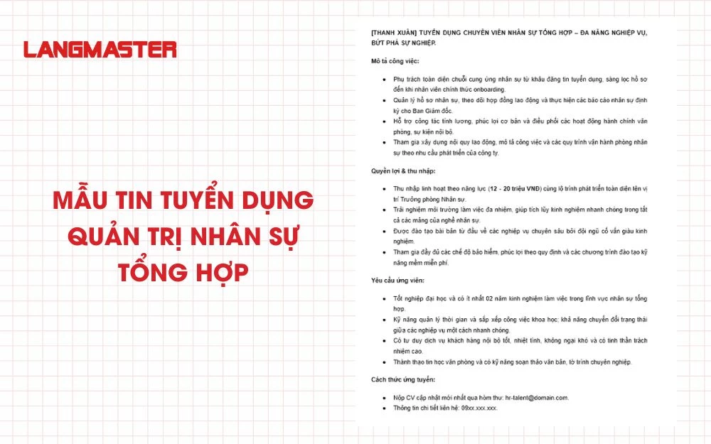 Mẫu tin tuyển dụng Quản trị nhân sự tổng hợp