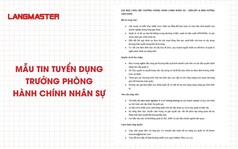 Mẫu tin tuyển dụng Trưởng phòng Hành chính Nhân sự