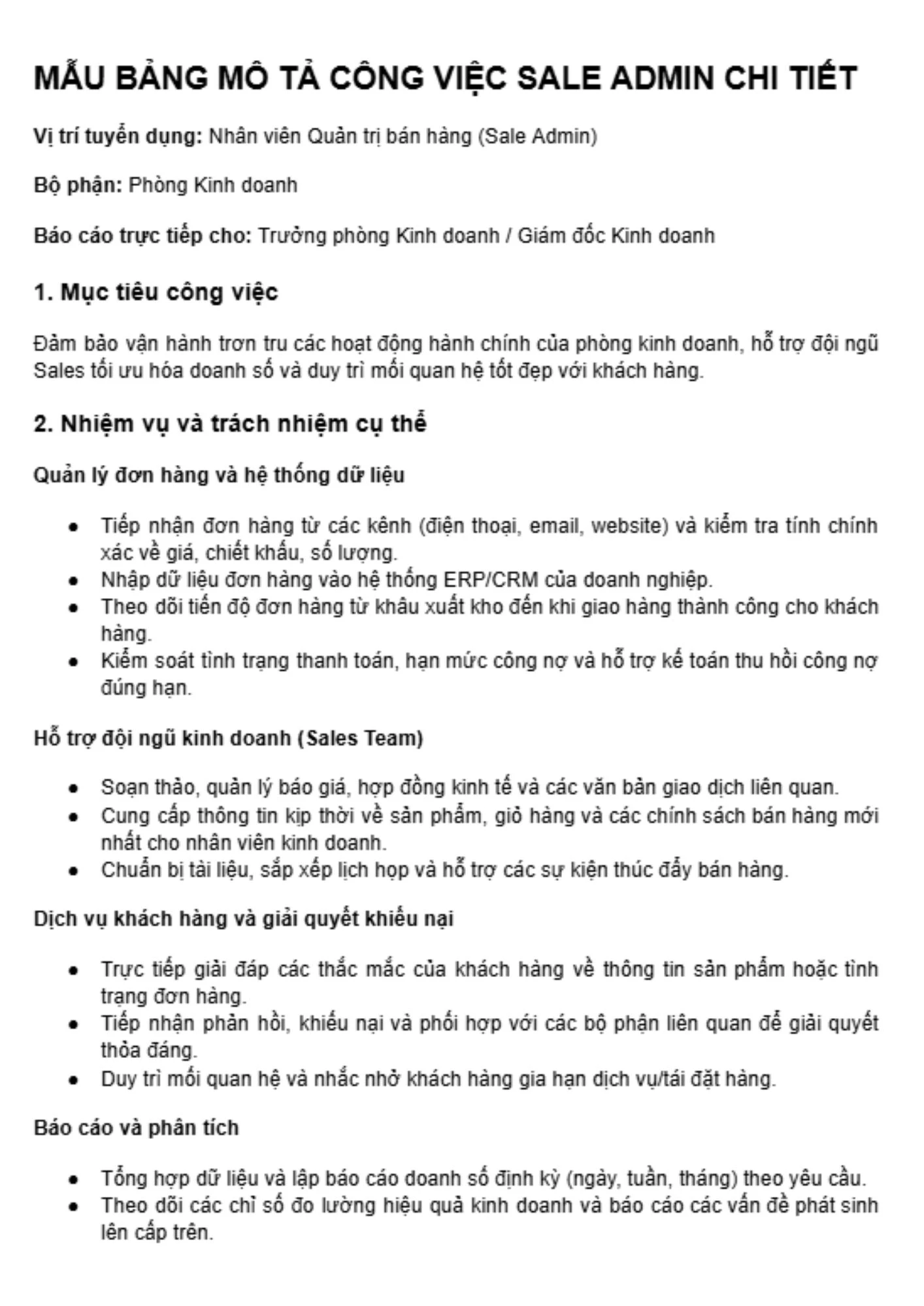 Mẫu bảng mô tả công việc Sale Admin chi tiết