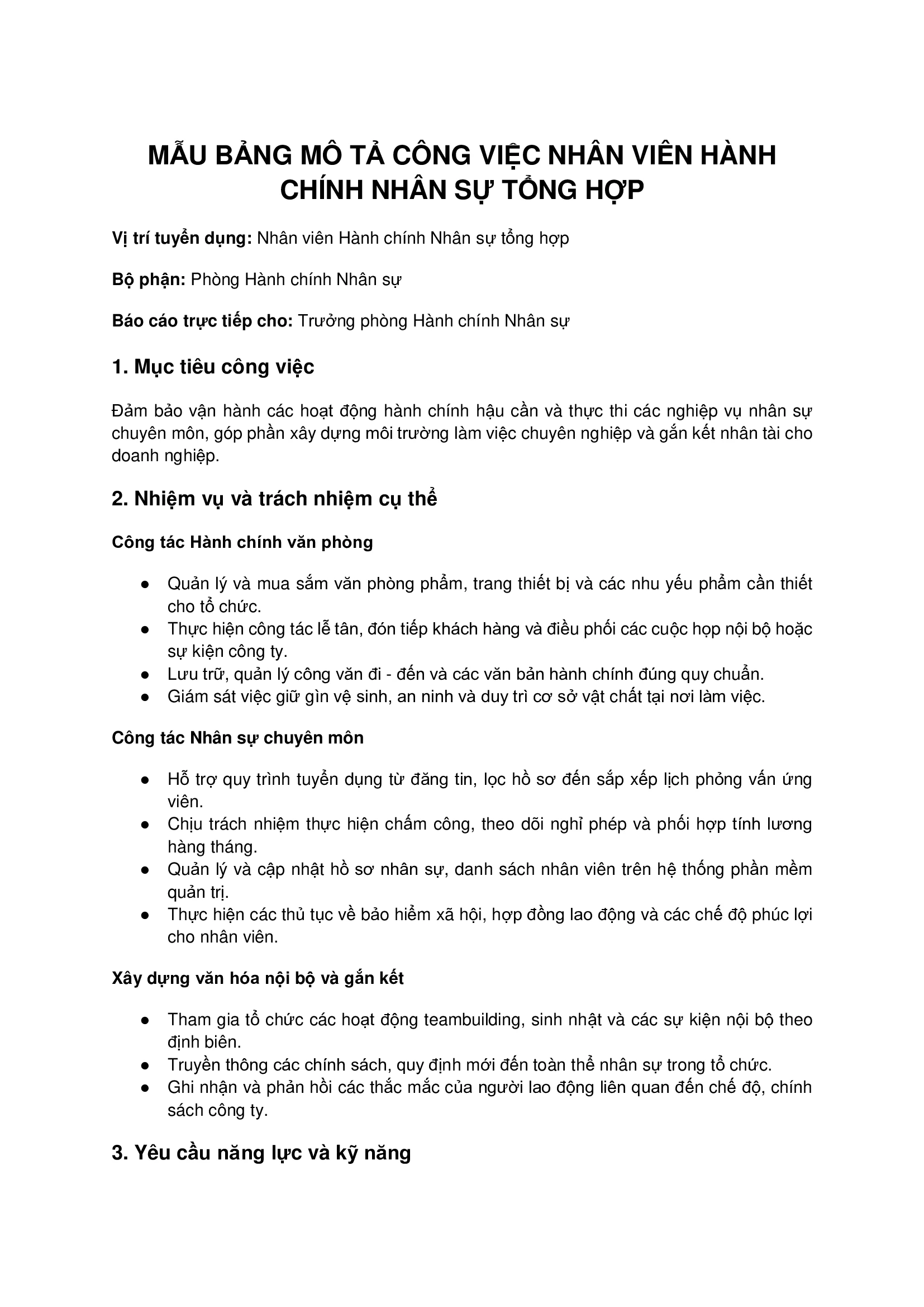 Mẫu bảng mô tả công việc nhân viên hành chính nhân sự tổng hợp