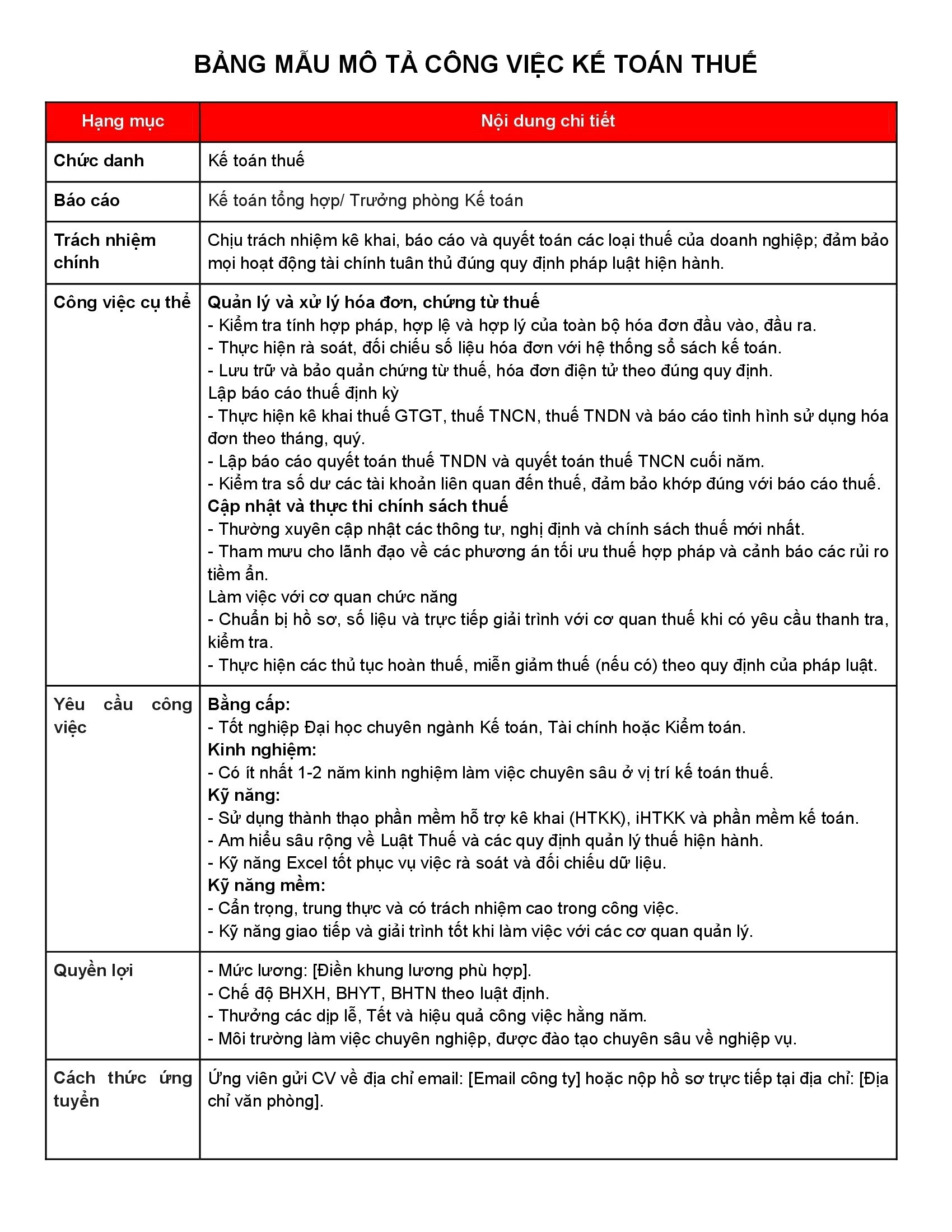 Bảng mẫu mô tả công việc Kế toán thuế hoàn chỉnh