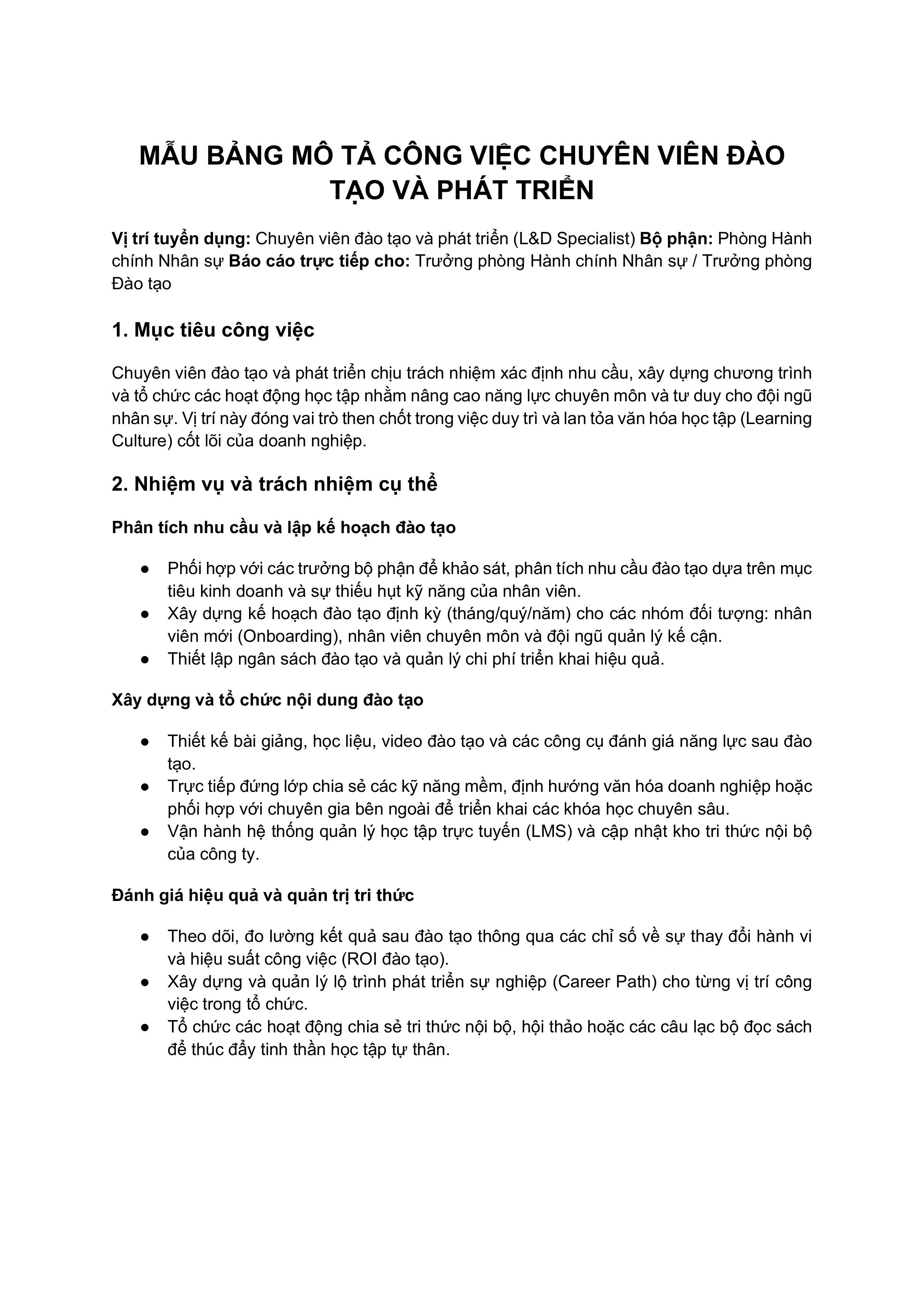 Mẫu bảng mô tả công việc Chuyên viên đào tạo và phát triển