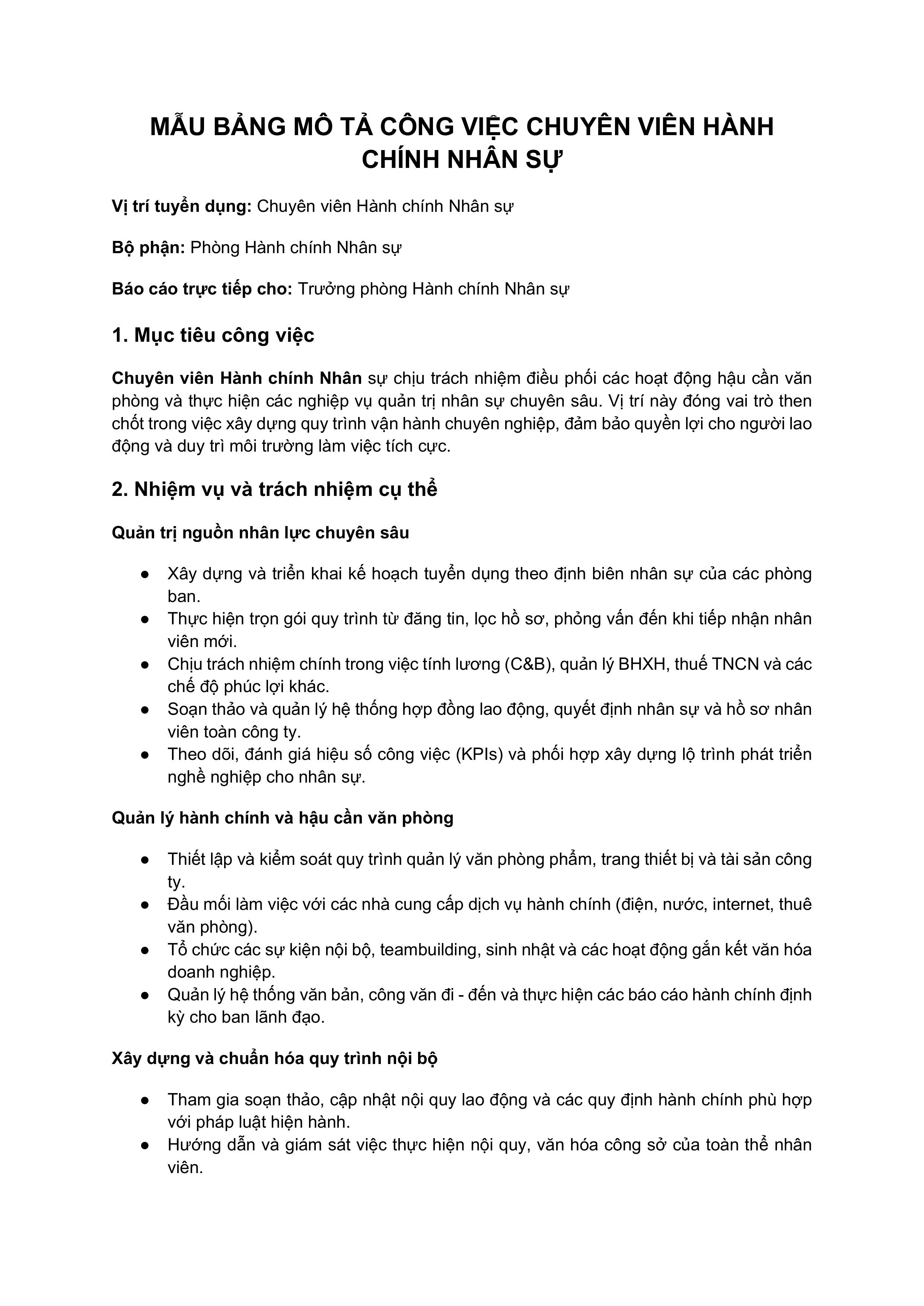 Mẫu bảng mô tả công việc Chuyên viên hành chính nhân sự