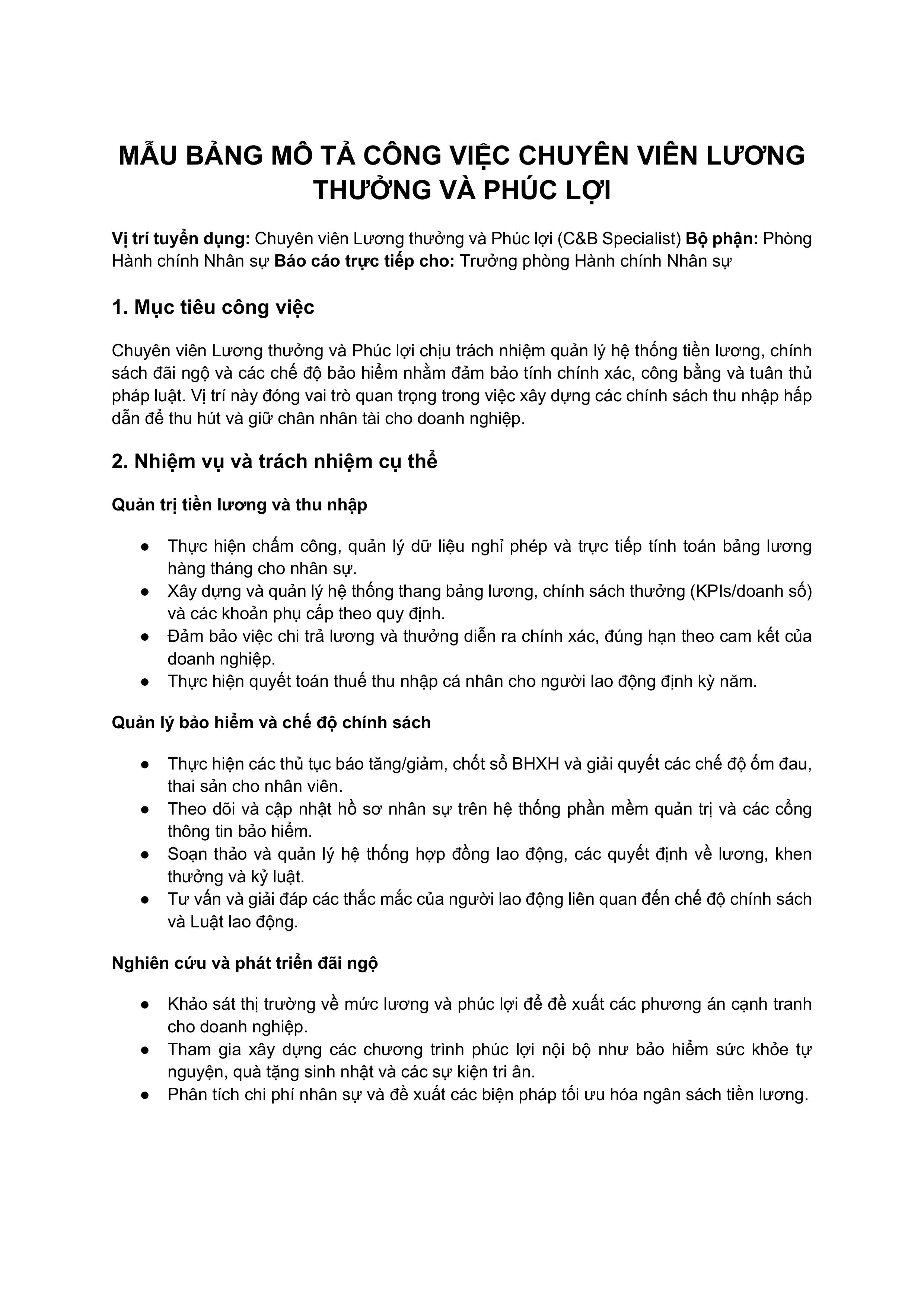 Mẫu bảng mô tả công việc Chuyên viên lương thưởng & phúc lợi