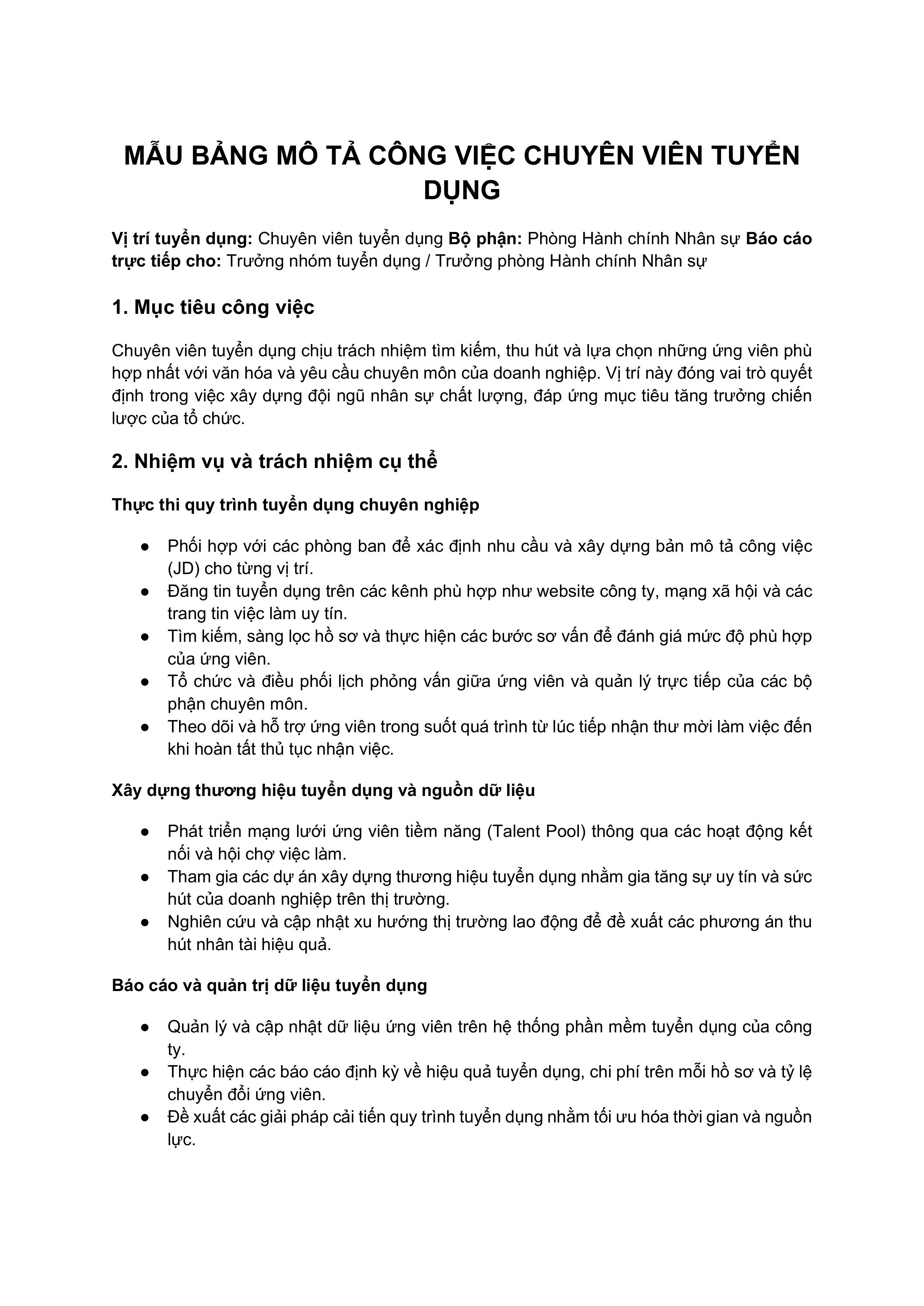 Mẫu bảng mô tả công việc Chuyên viên tuyển dụng
