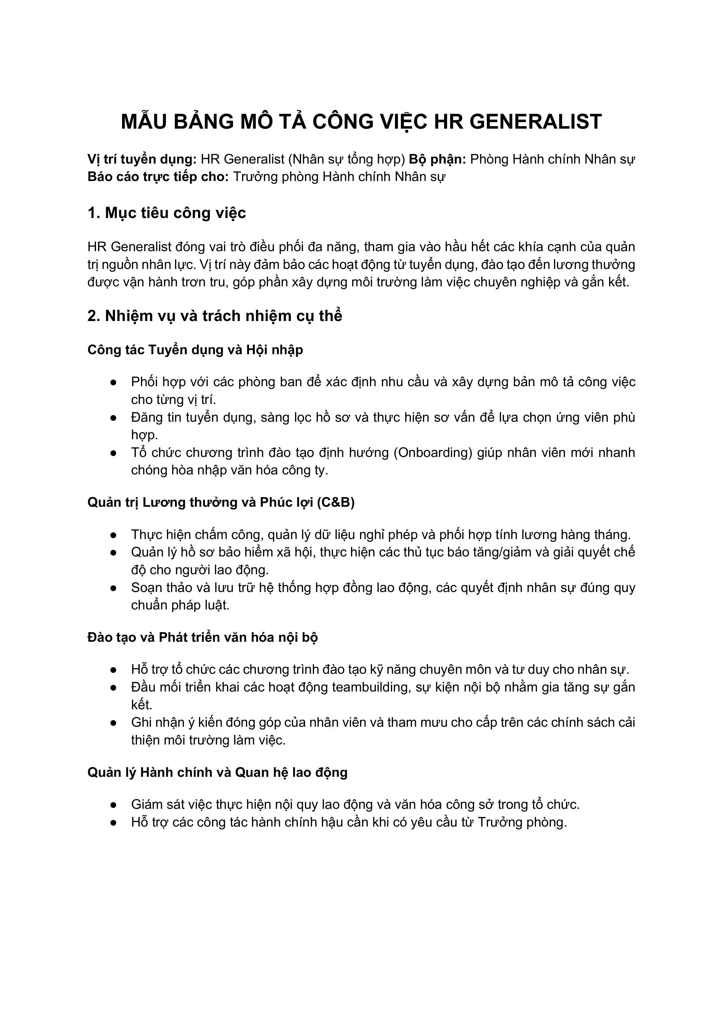 Mẫu bảng mô tả công việc HR Generalist