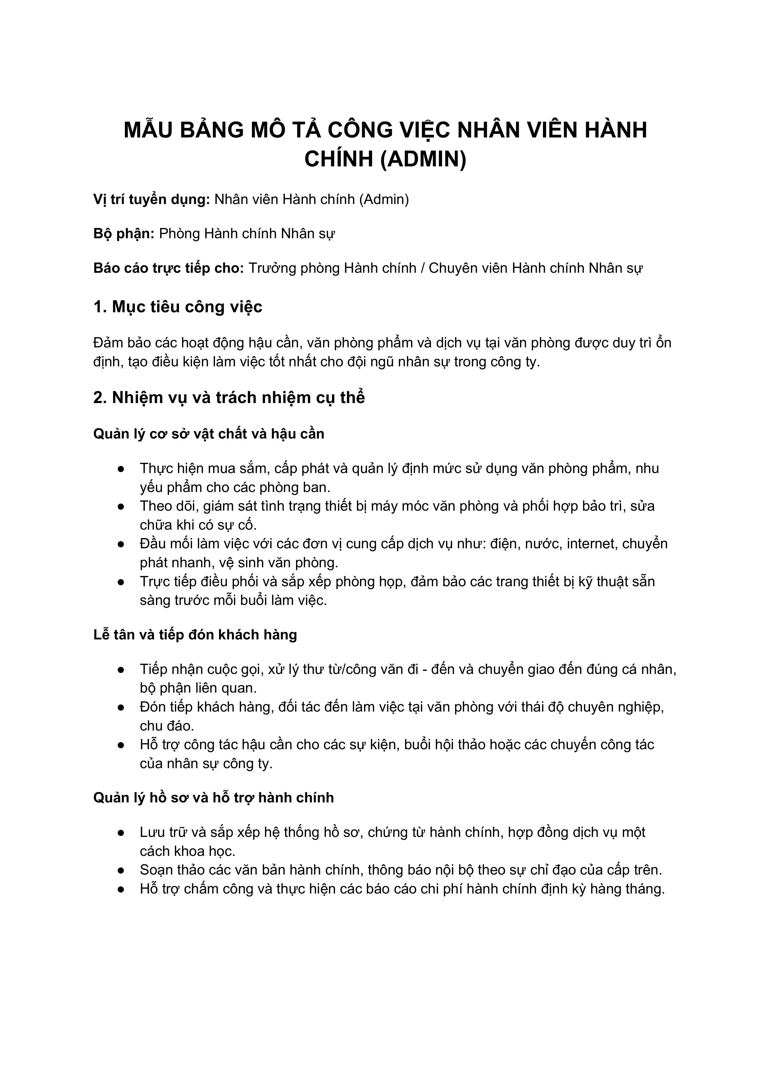 Mẫu bảng mô tả công việc Nhân viên hành chính