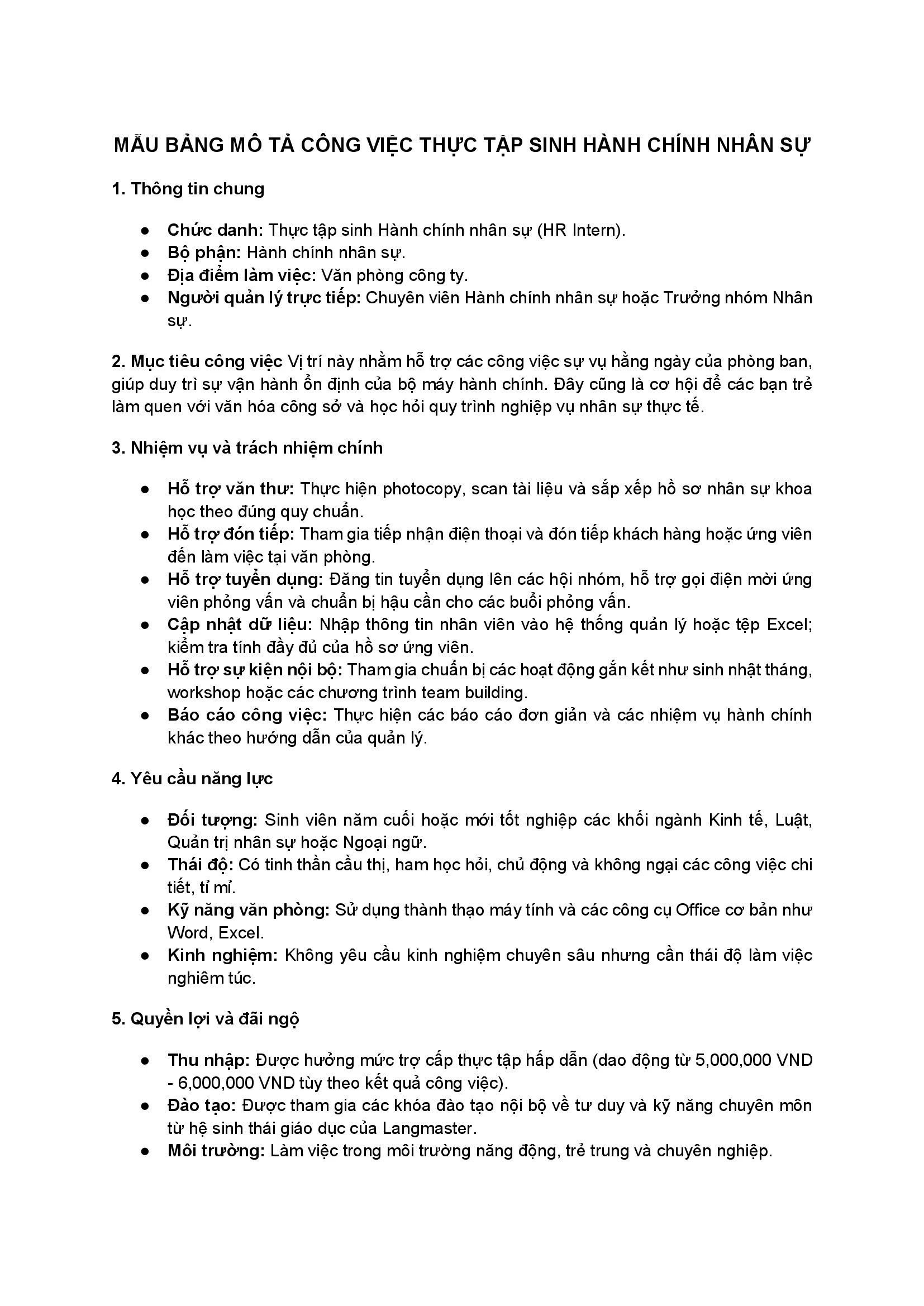Mẫu bảng mô tả công việc Thực tập sinh Hành chính nhân sự