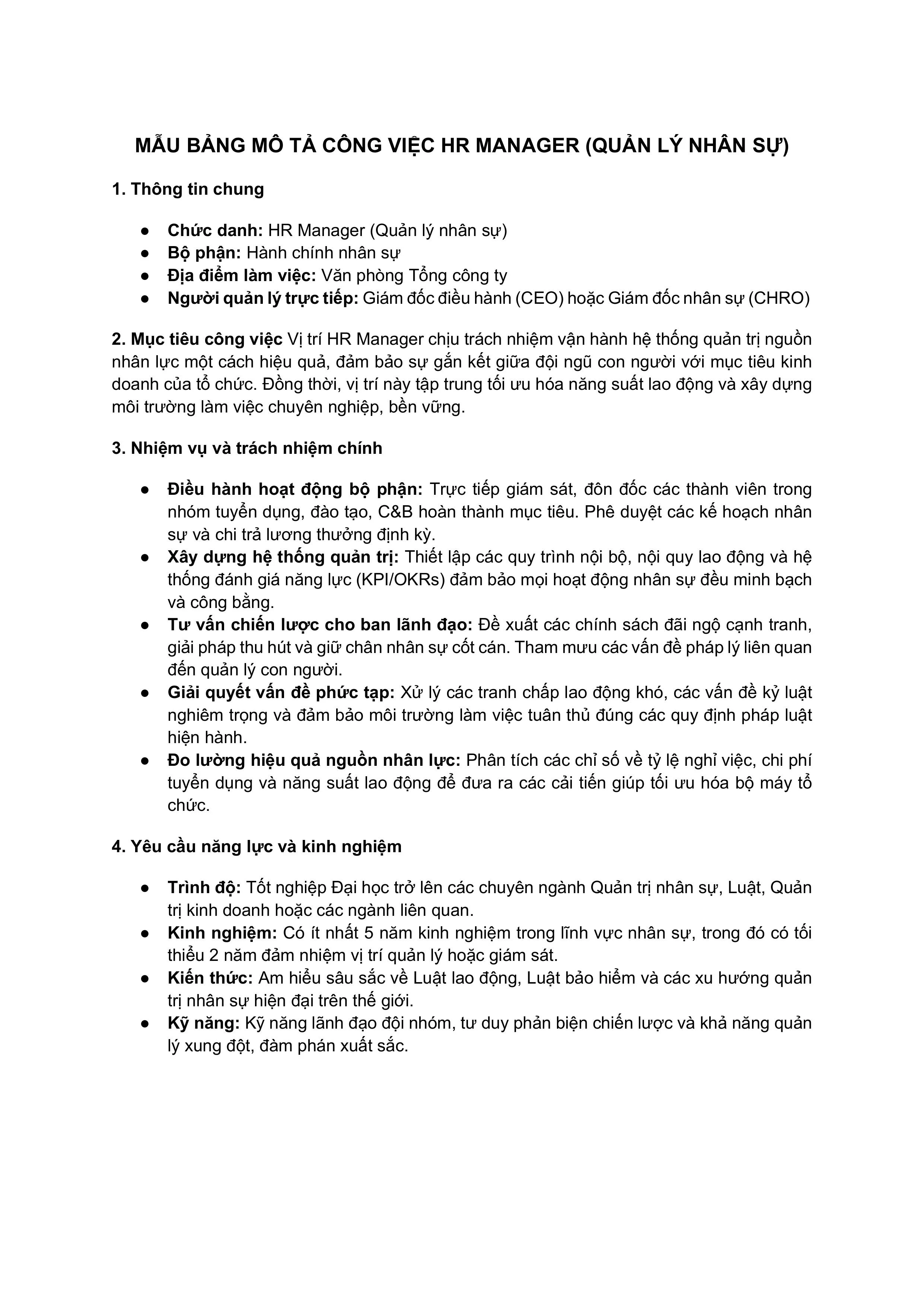 Mẫu bảng mô tả công việc HR Manager