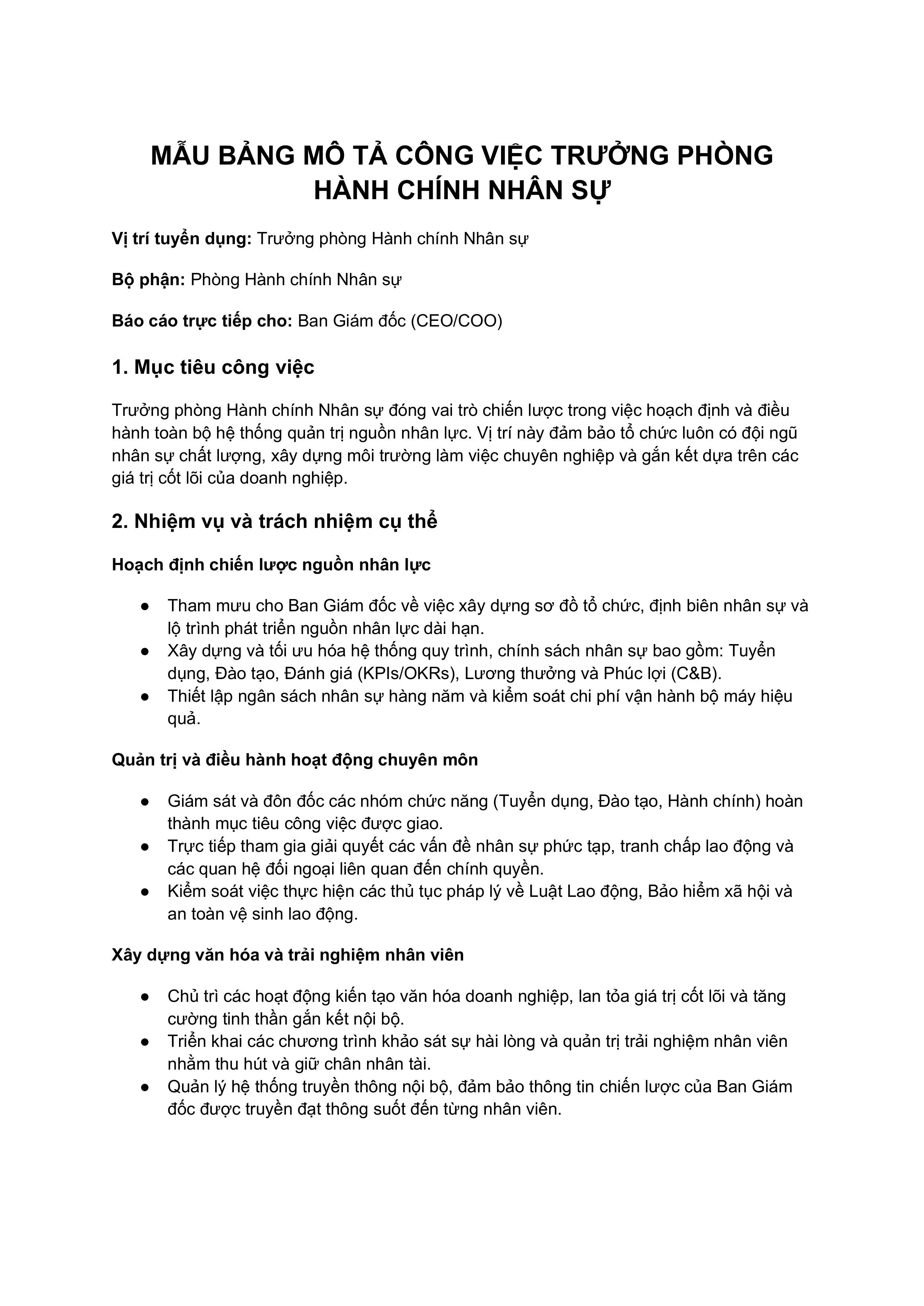 Mẫu bảng mô tả công việc Trưởng phòng hành chính nhân sự