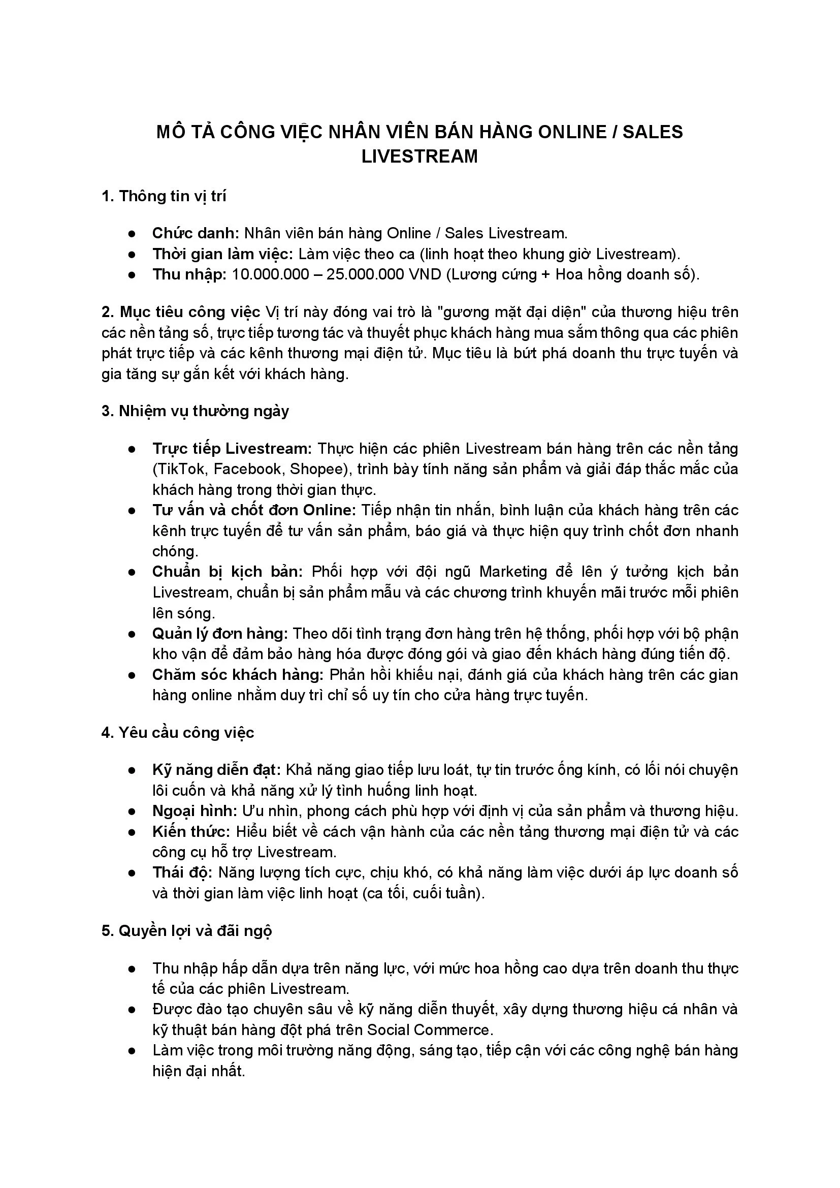 Mẫu 2: Nhân viên tư vấn bán hàng Online