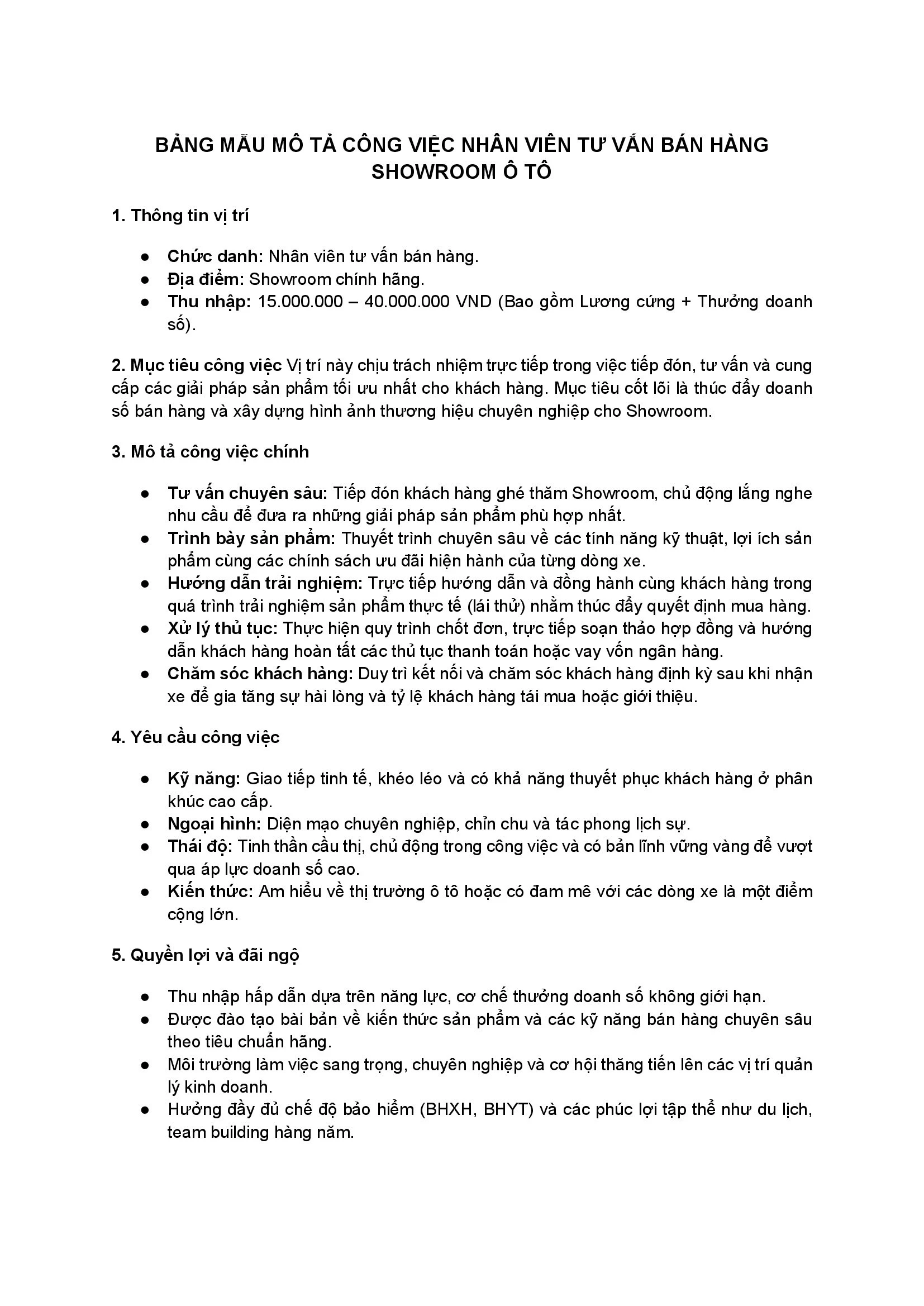 Mẫu 1: Nhân viên tư vấn bán hàng Showroom ô tô