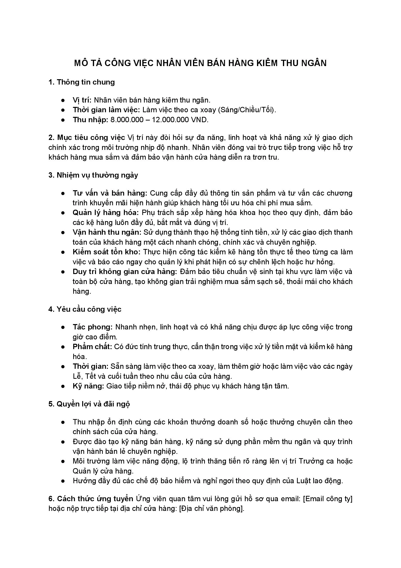 Mẫu 2: Nhân viên tư vấn bán hàng tại Siêu Thị / Cửa hàng tiện lợi