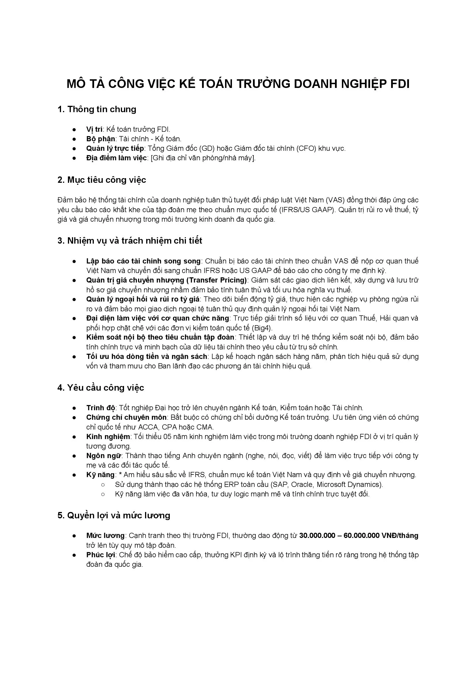 Mẫu Mô tả công việc Kế toán trưởng FDI