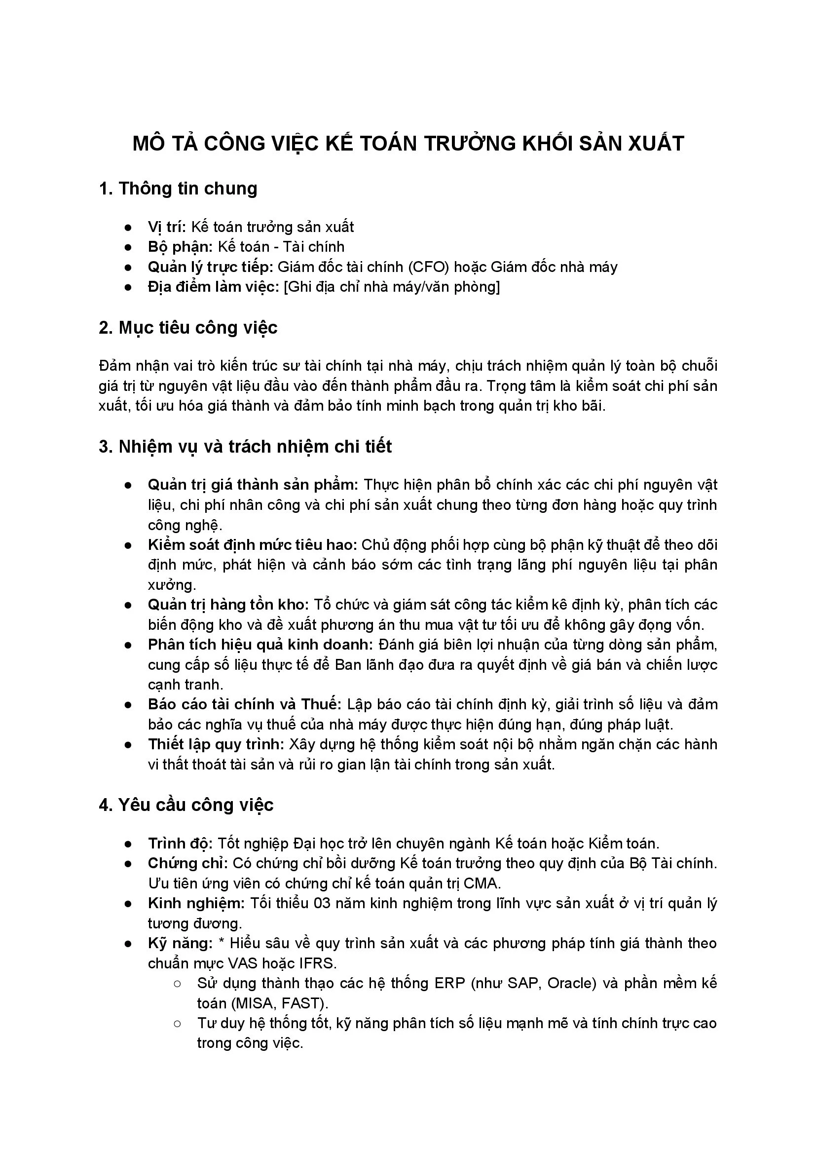 Mẫu Mô tả công việc Kế toán trưởng sản xuất