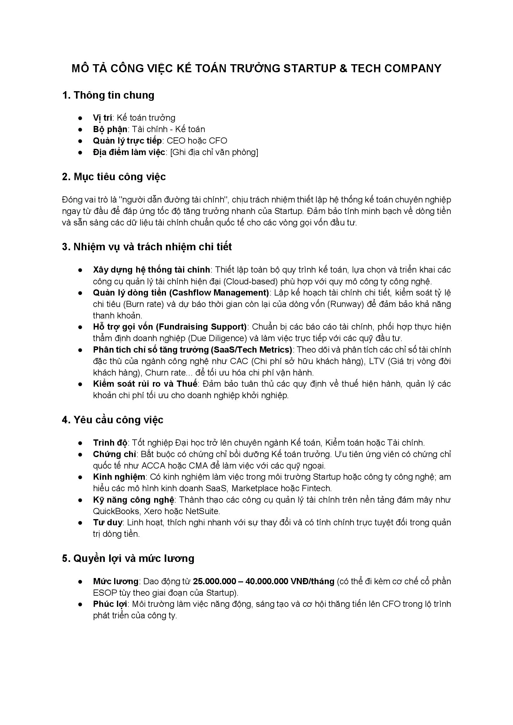Mẫu Mô tả công việc Kế toán trưởng startup