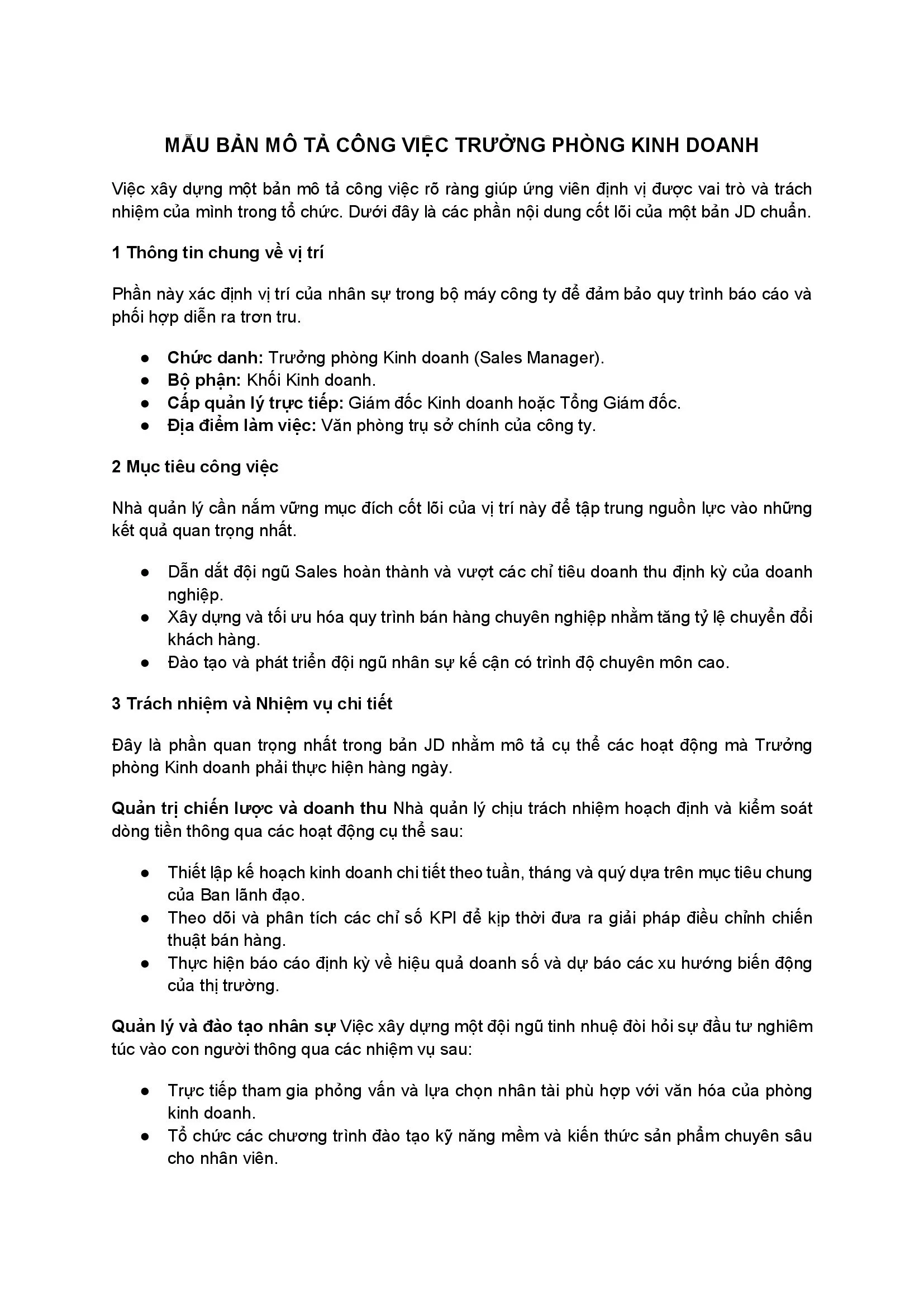 Mẫu mô tả công việc Trưởng phòng kinh doanh