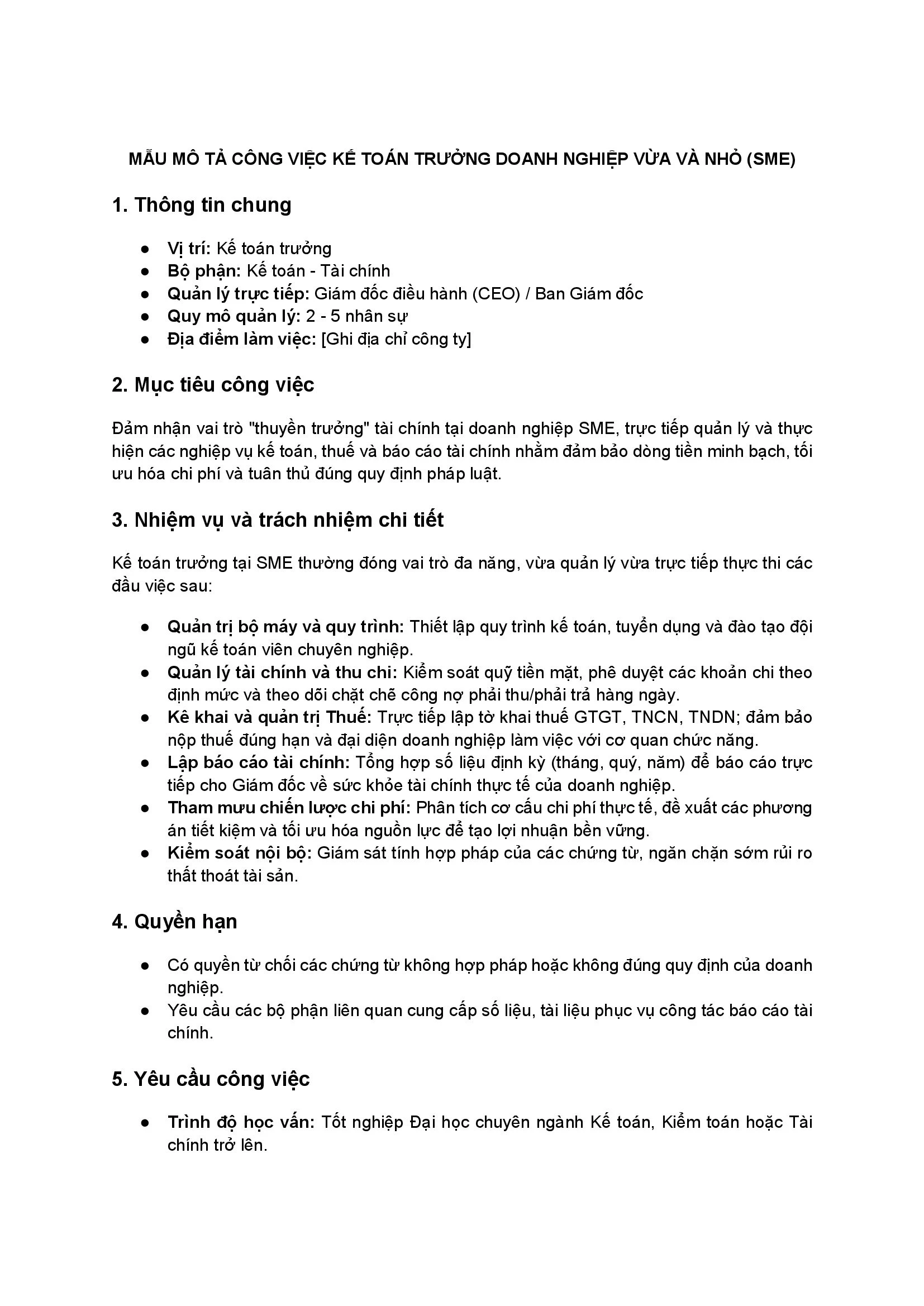 Mẫu JD Kế toán trưởng SME
