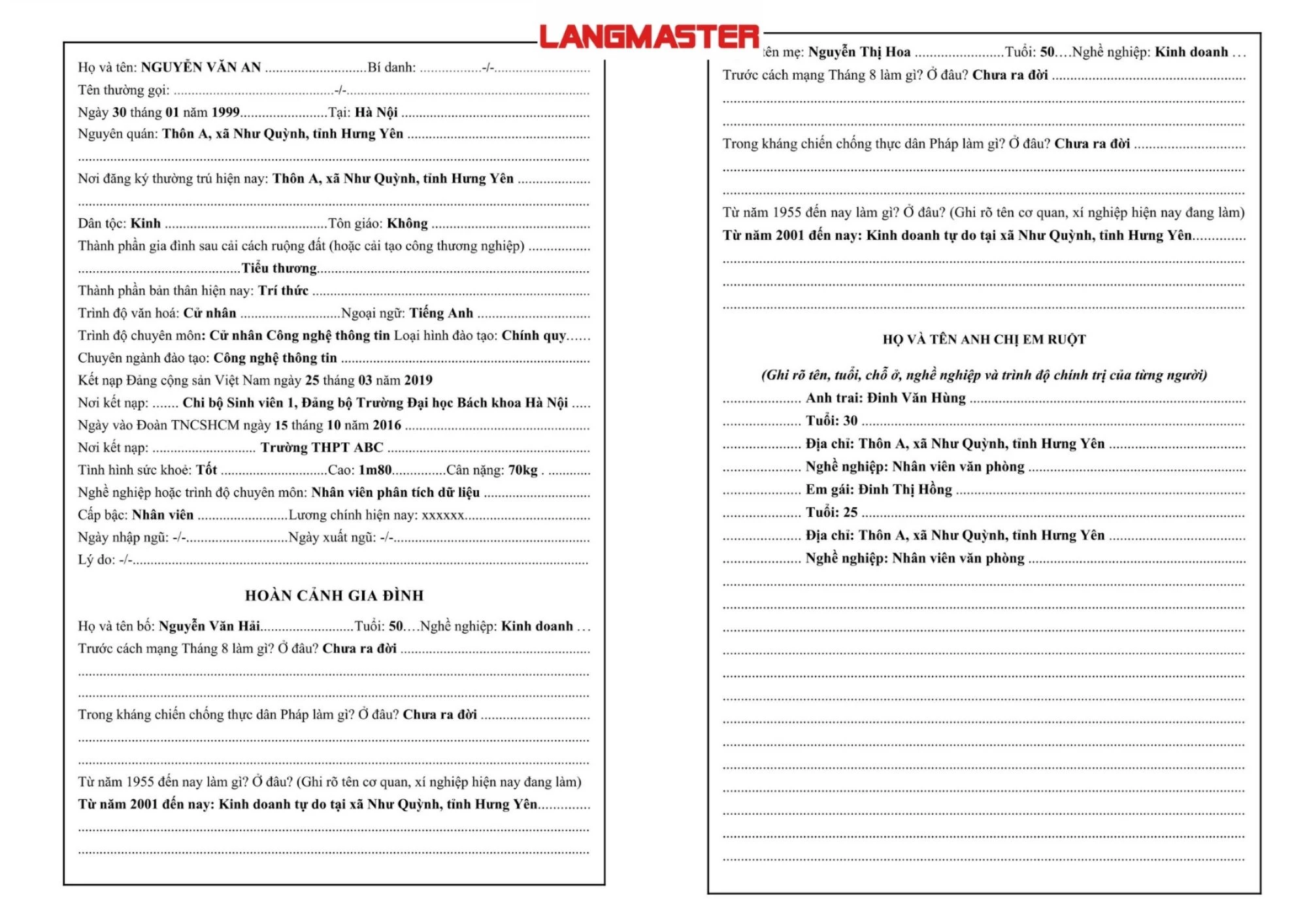 Cách viết phần thành phần gia đình đúng chuẩn
