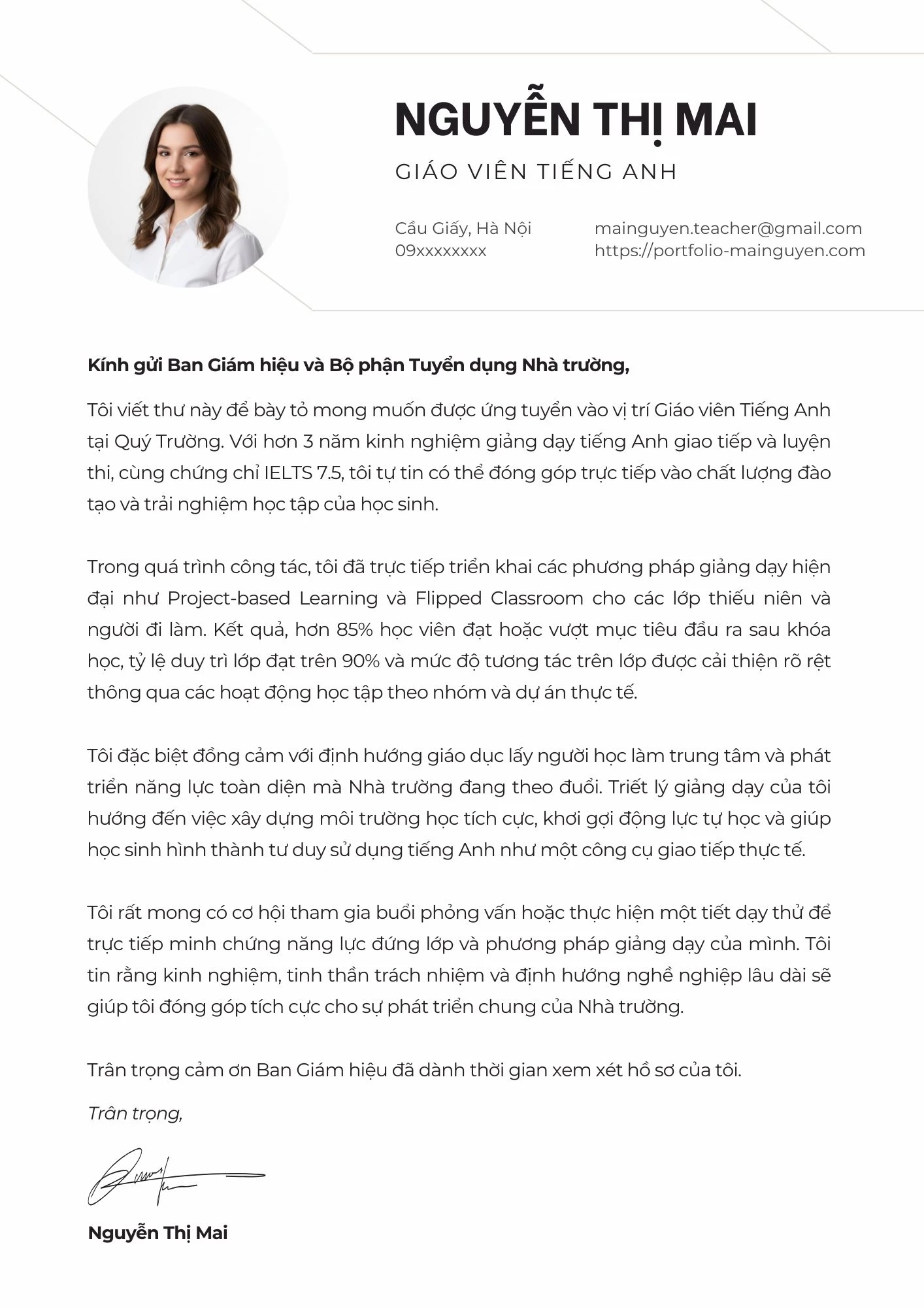 Mẫu Cover Letter cho giáo viên tiếng Anh
