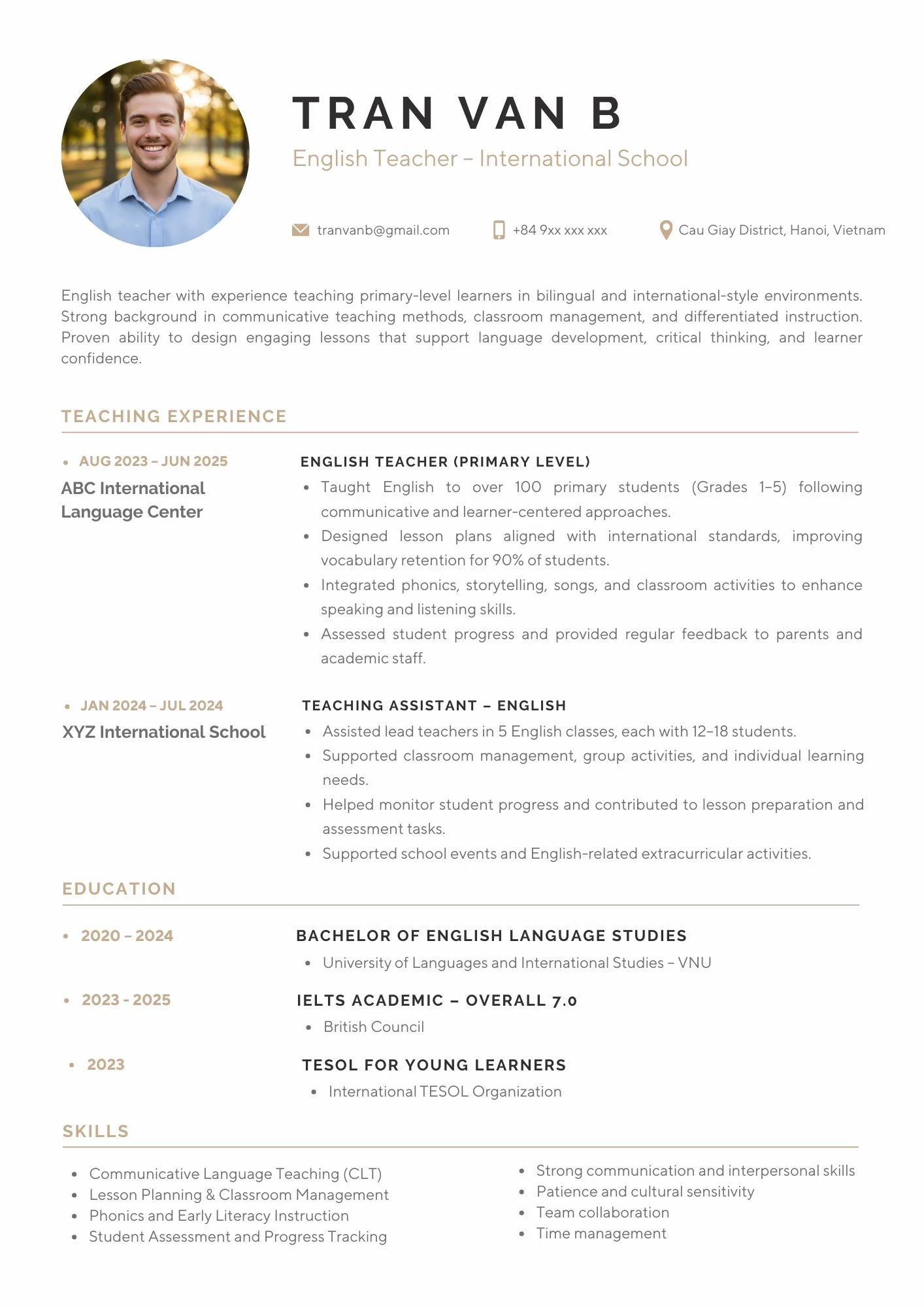 Mẫu CV giáo viên tiếng Anh cho trường THCS -THPT tư thục