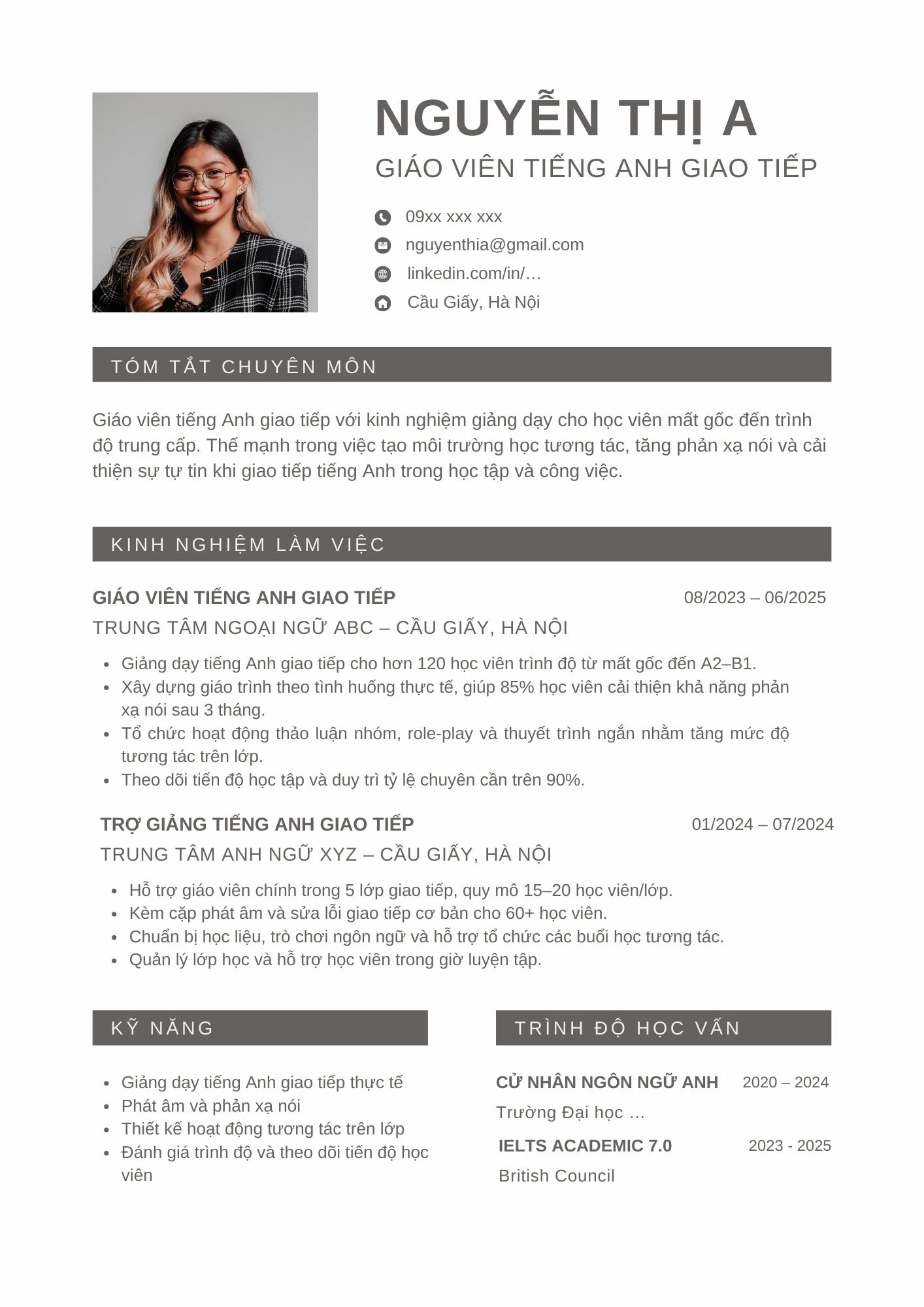 Mẫu CV giáo viên tiếng Anh giảng dạy giao tiếp