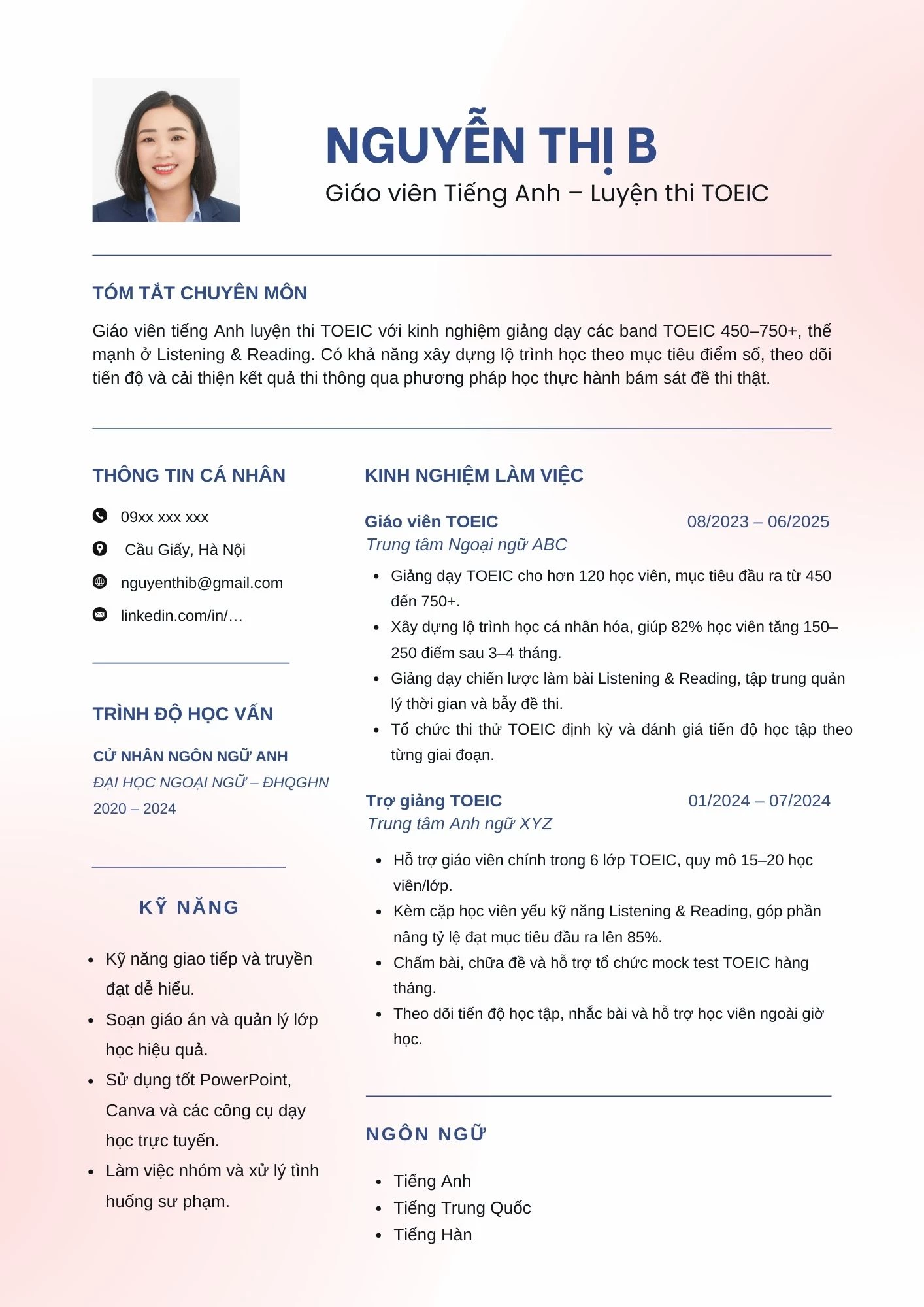 Mẫu CV giáo viên tiếng Anh luyện thi chứng chỉ quốc tế