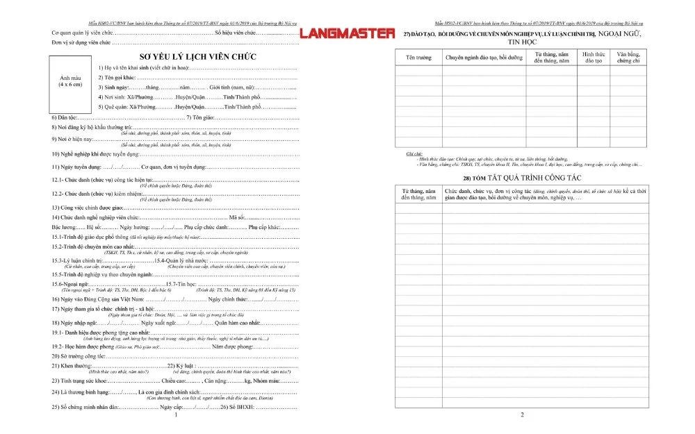 Mẫu sơ yếu lý lịch áp dụng cho viên chức