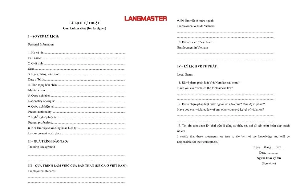 Mẫu sơ yếu lý lịch song ngữ Việt – Anh