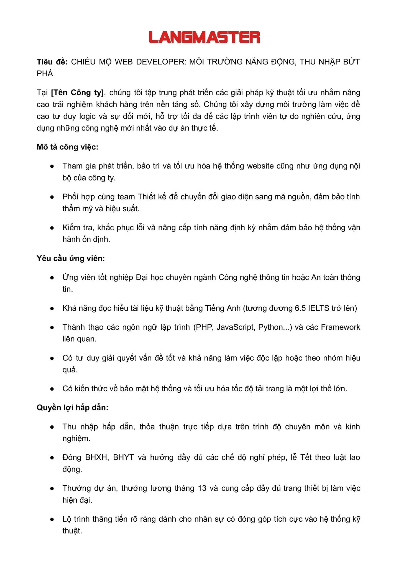 Mẫu tin tuyển dụng vị trí lập trình viên Web (Web Developer)